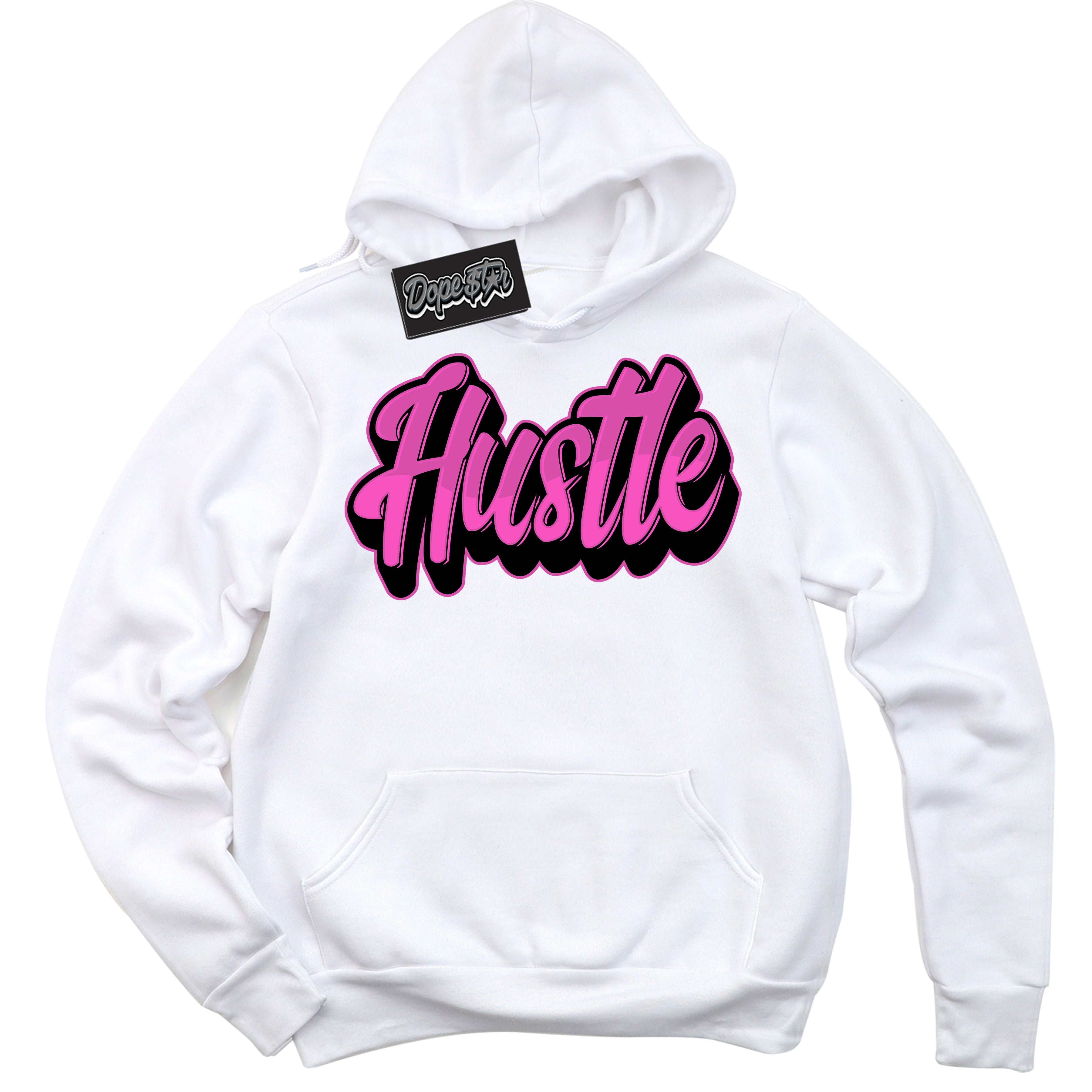 White Hoodie with playful pink and black "Hustle" graphic, made to match Air Max 1 Valentine's Day sneakers | Sneaker Shirts Outlet