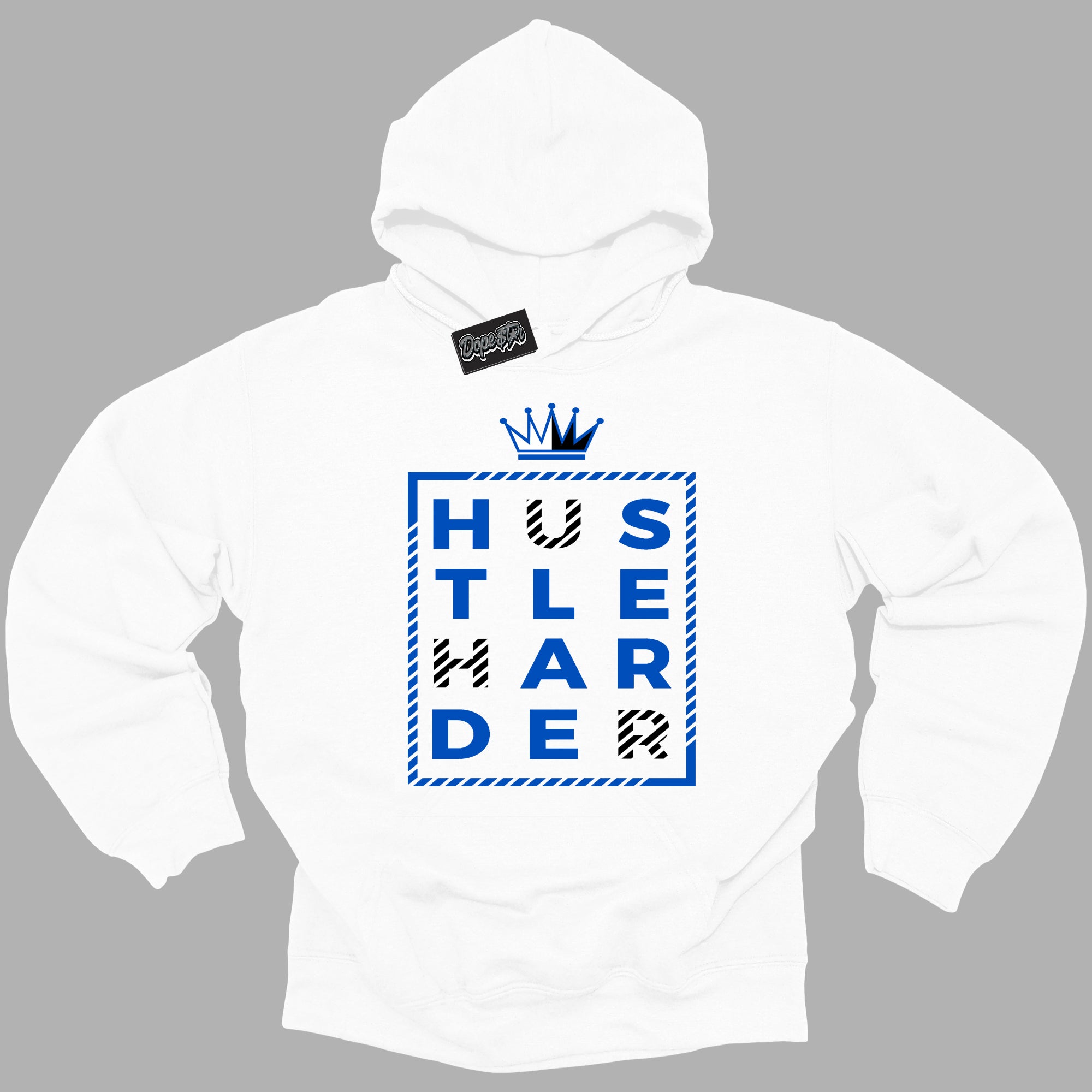 Cool White Hoodie with “ Hustle Harder ” design that Perfectly Matches Royal Reimagined 1s Sneakers.