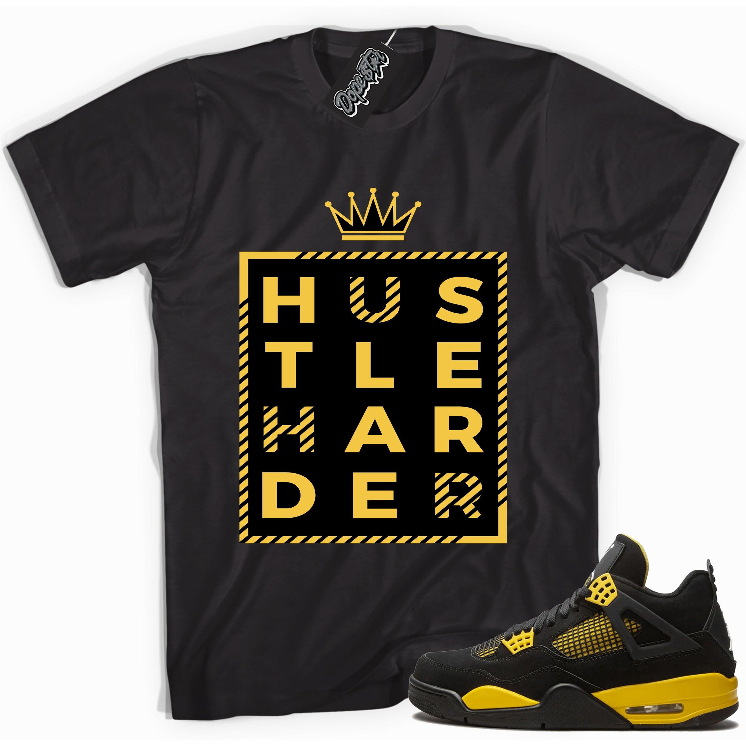 Cool black graphic tee with 'hustle harder' print, that perfectly matches Air Jordan 4 Thunder sneakers