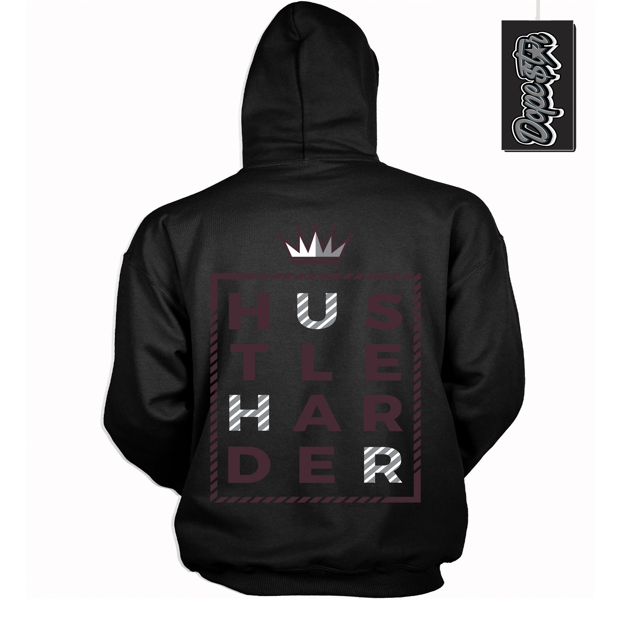 Cool Black Hoodie with “ Hustle Harder ” design that Perfectly Matches Burgundy 5s Sneakers.
