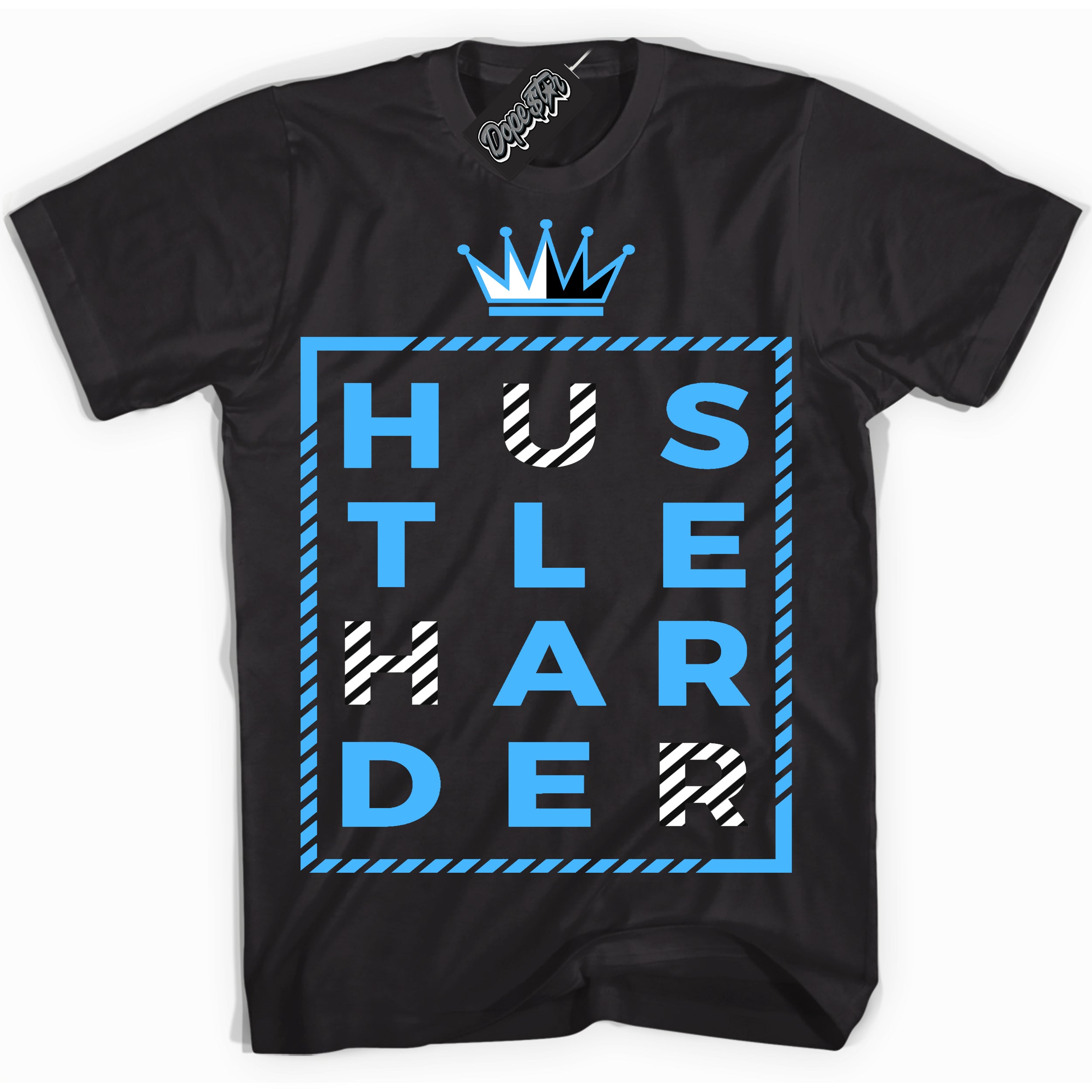 Cool Black graphic tee with “ Hustle Harder ” design, that perfectly matches Powder Blue 9s sneakers