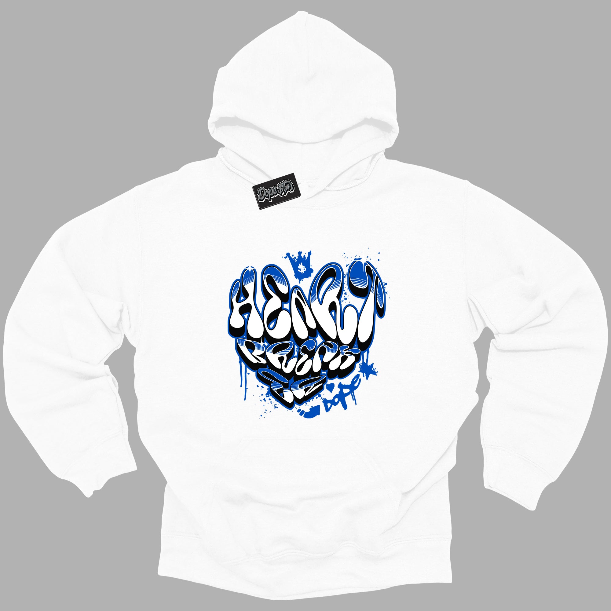 Cool White Hoodie with “ Heartbreaker Graffiti ” design that Perfectly Matches Royal Reimagined 1s Sneakers.