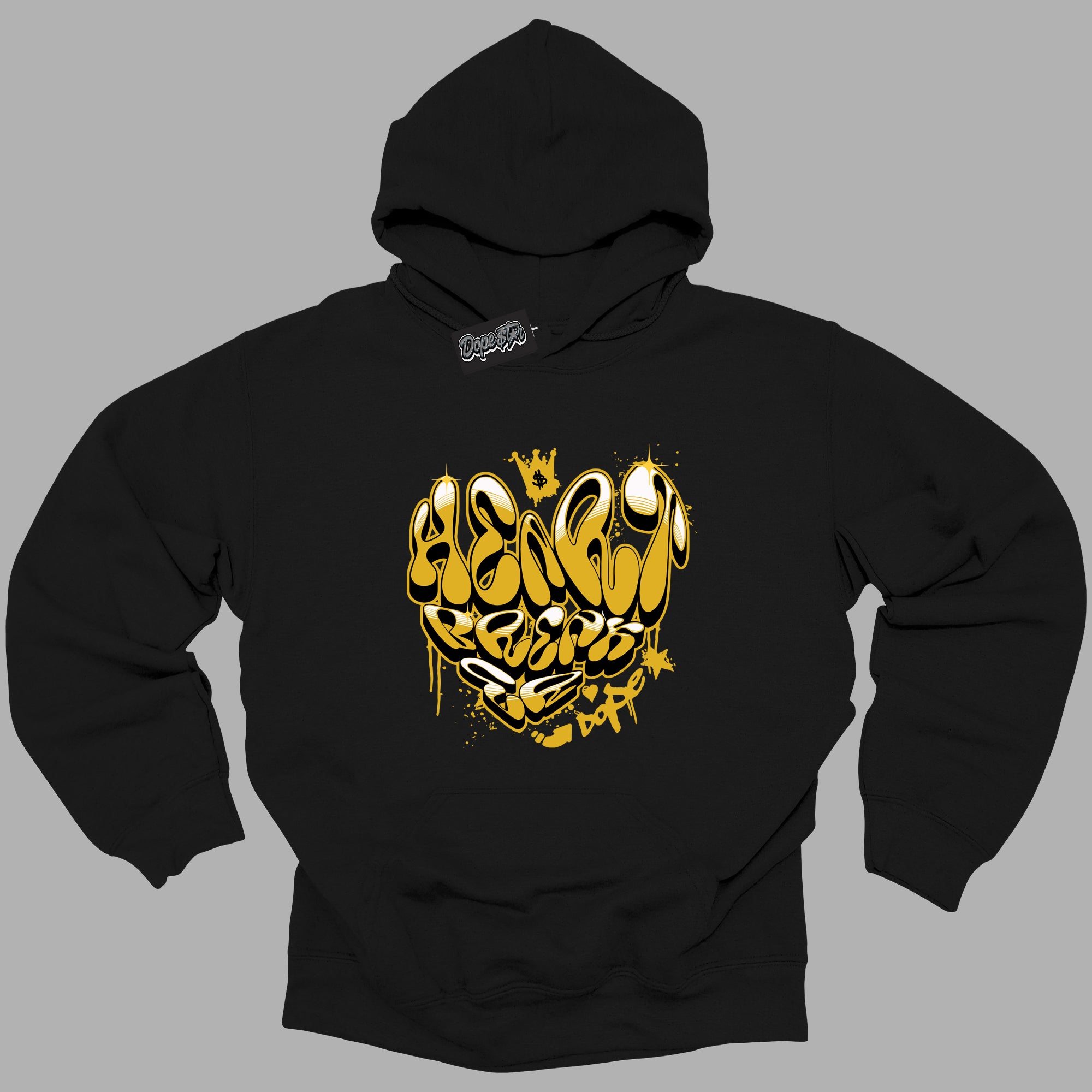 Cool Black Hoodie with “ Heartbreaker Graffiti ” design that Perfectly Matches Yellow Ochre 6s Sneakers.