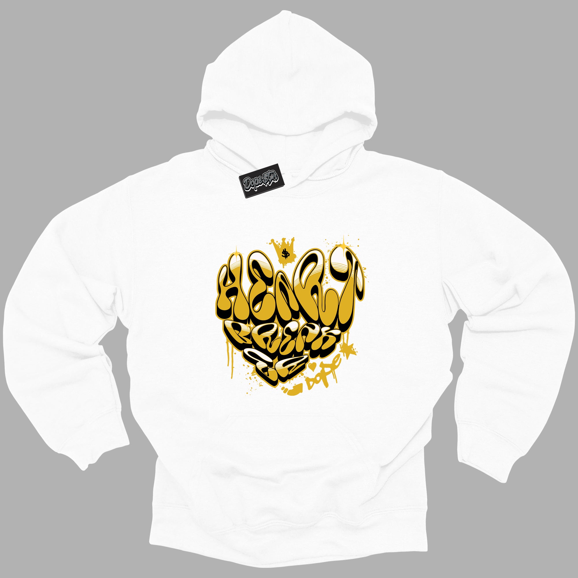 Cool White Hoodie with “ Heartbreaker Graffiti ” design that Perfectly Matches Yellow Ochre 6s Sneakers.