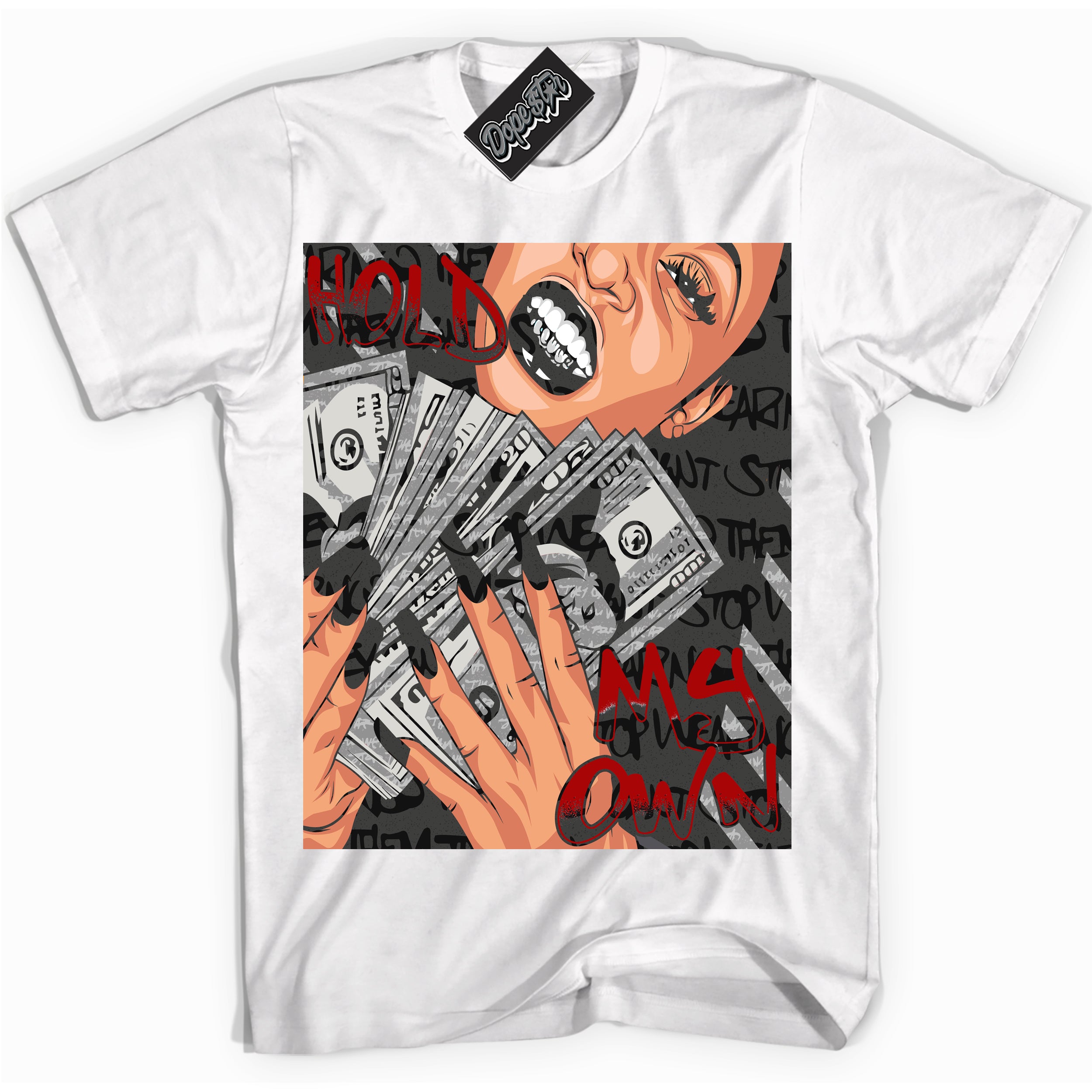 Cool White Shirt with “ Hold My Own ” design that perfectly matches Rebellionaire 1s Sneakers.