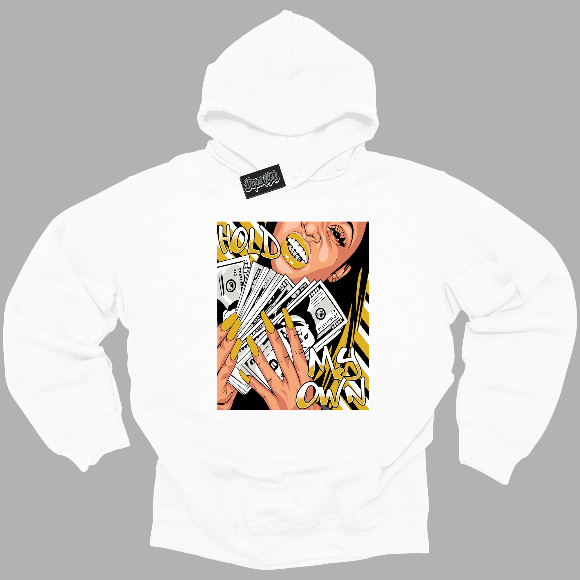 Cool White Hoodie with “ Hold My Own ” design that Perfectly Matches Yellow Ochre 6s Sneakers.