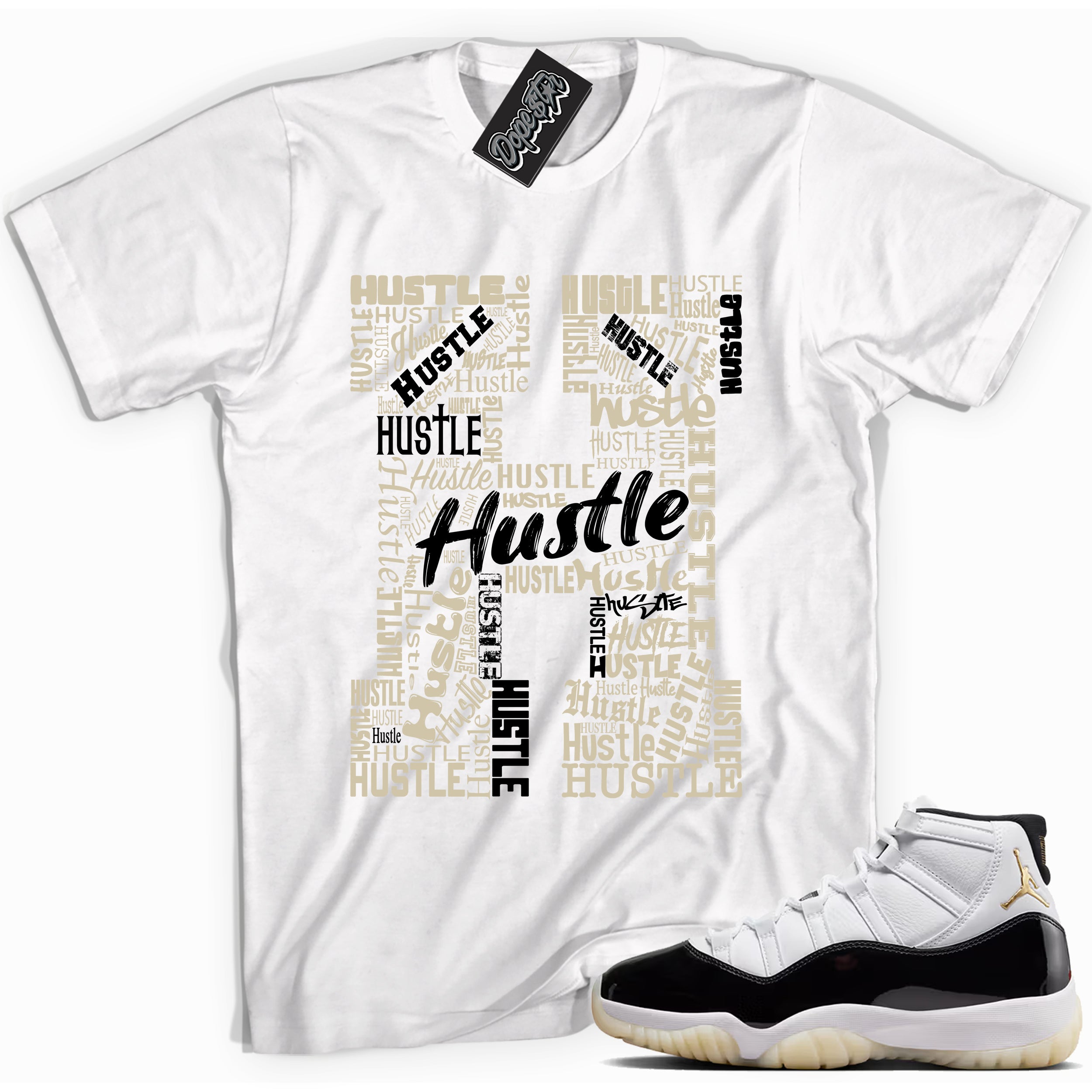Cool White graphic tee with “ Hustle H ” print, that perfectly matches AIR JORDAN 11 GRATITUDE sneakers