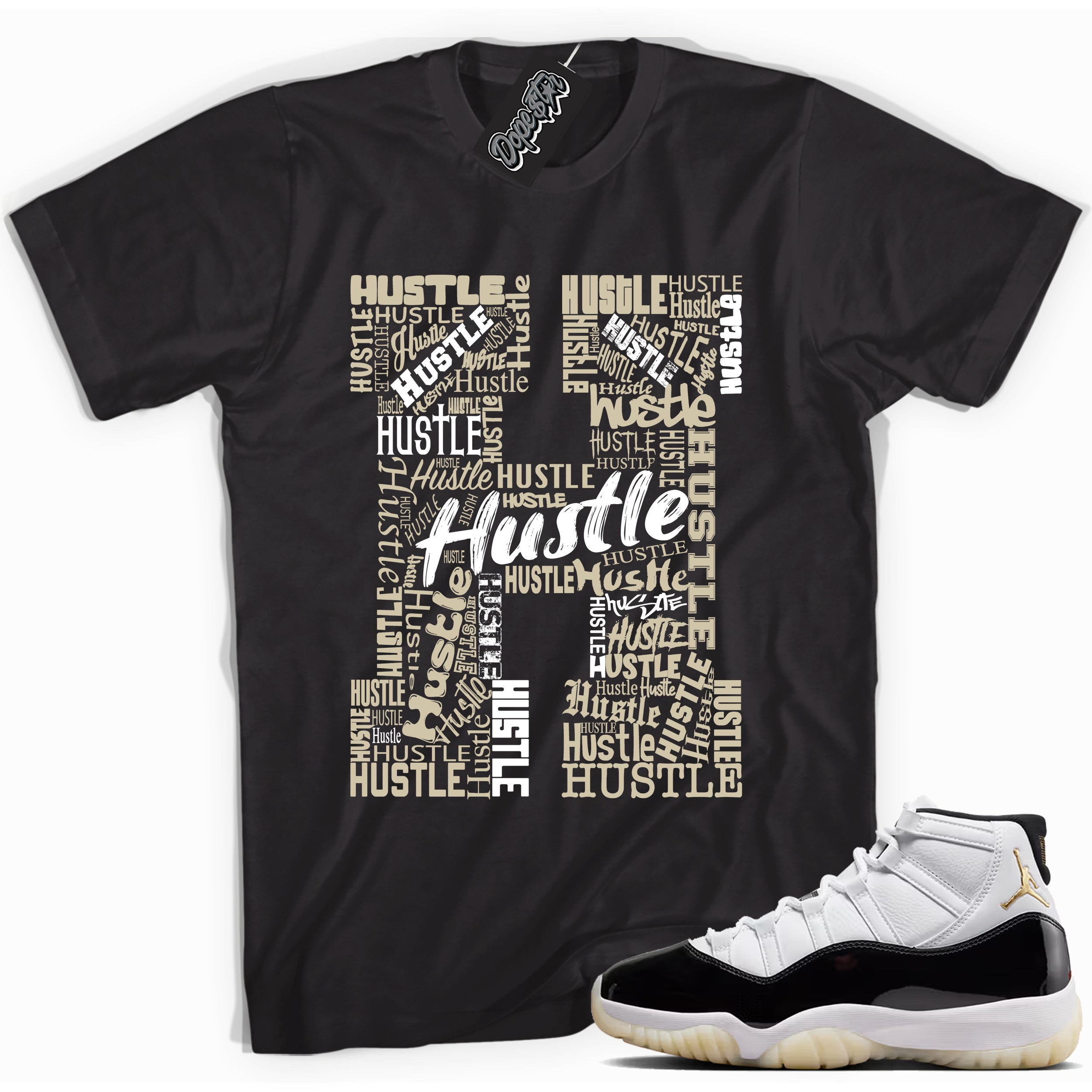 Cool Black graphic tee with “ Hustle H ” print, that perfectly matches AIR JORDAN 11 GRATITUDE sneakers