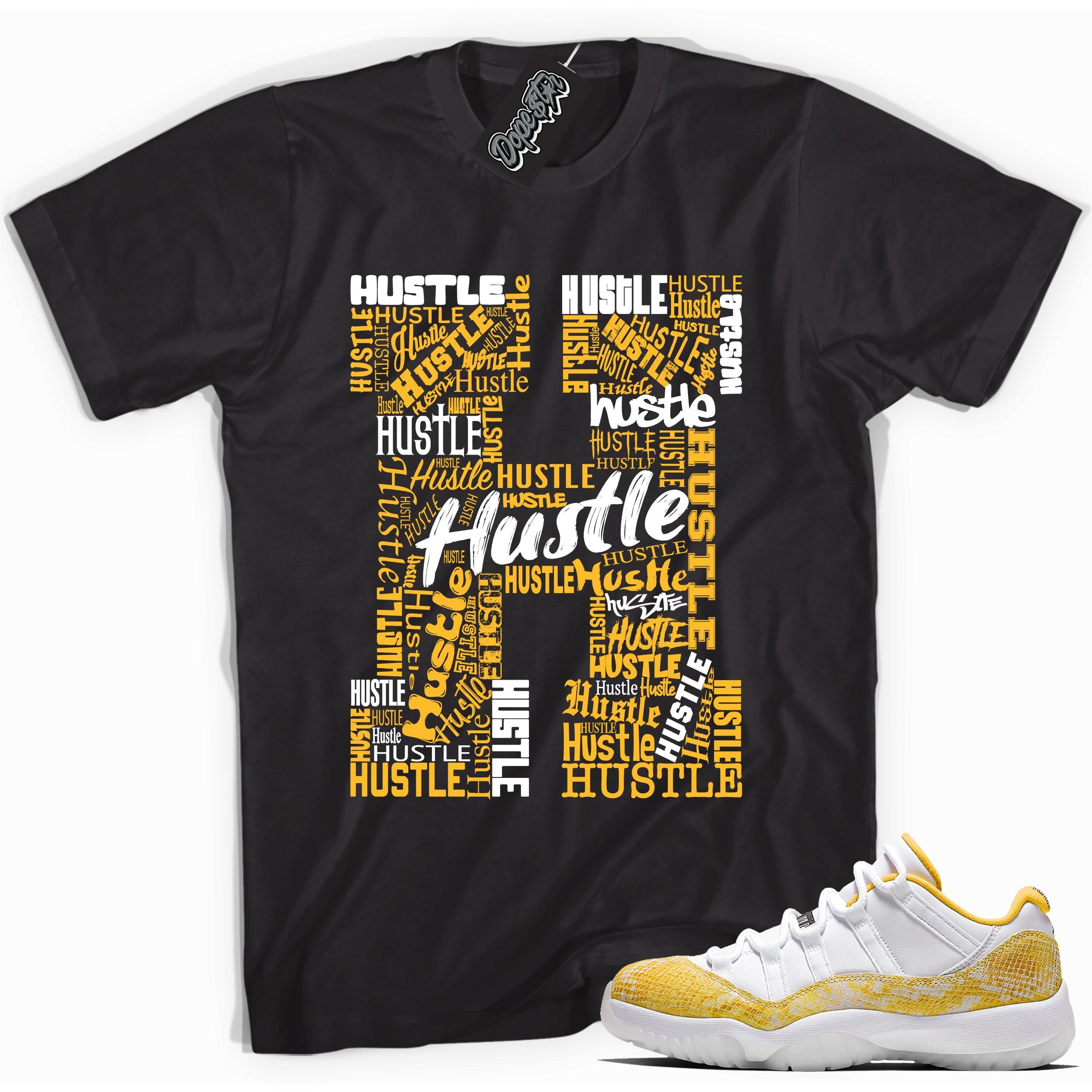 Cool black graphic tee with 'H for hustle' print, that perfectly matches Air Jordan 11 Retro Low Yellow Snakeskin sneakers