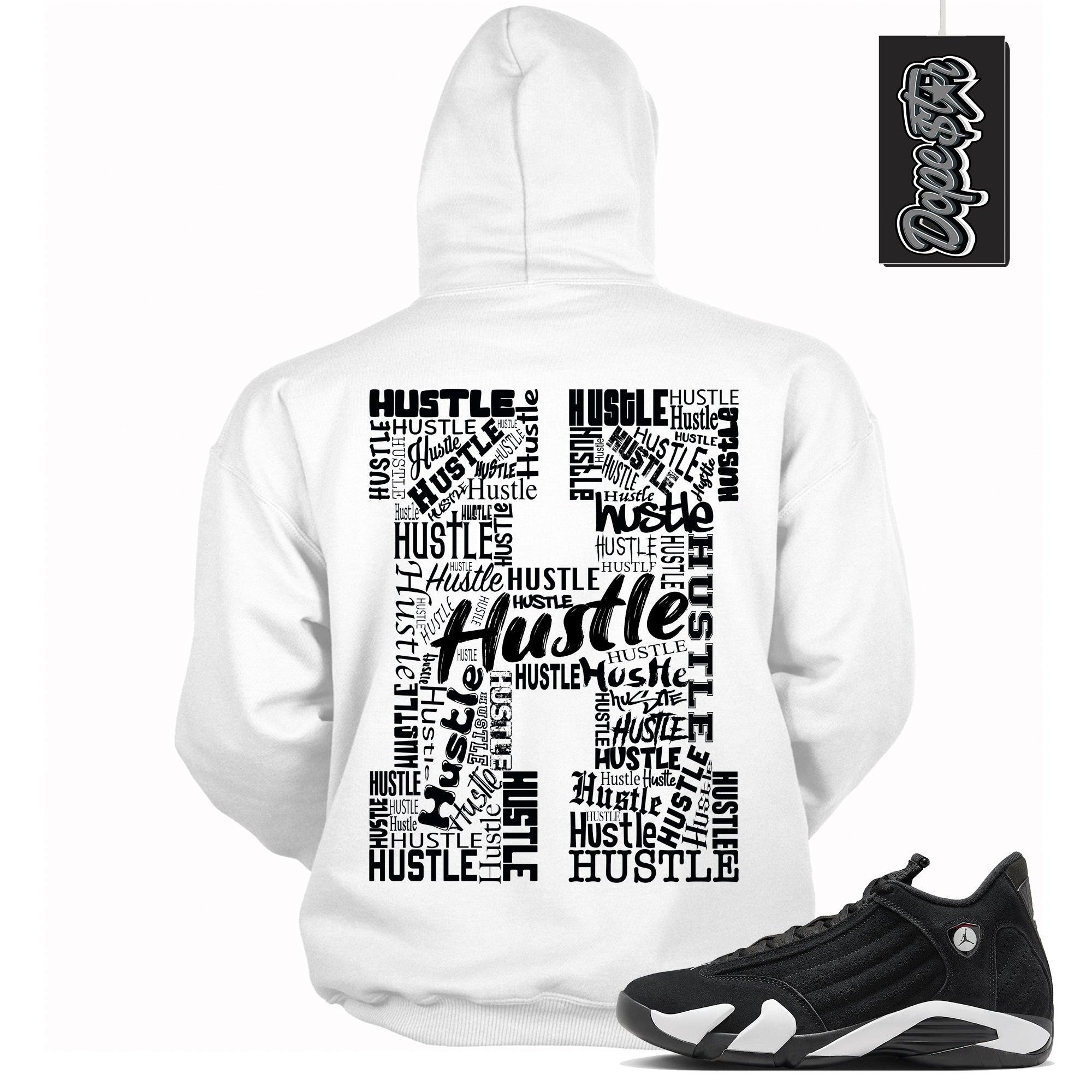 Cool White Graphic Hoodie with “ Hustle H “ print, that perfectly matches Air Jordan 14 Black & White sneakers