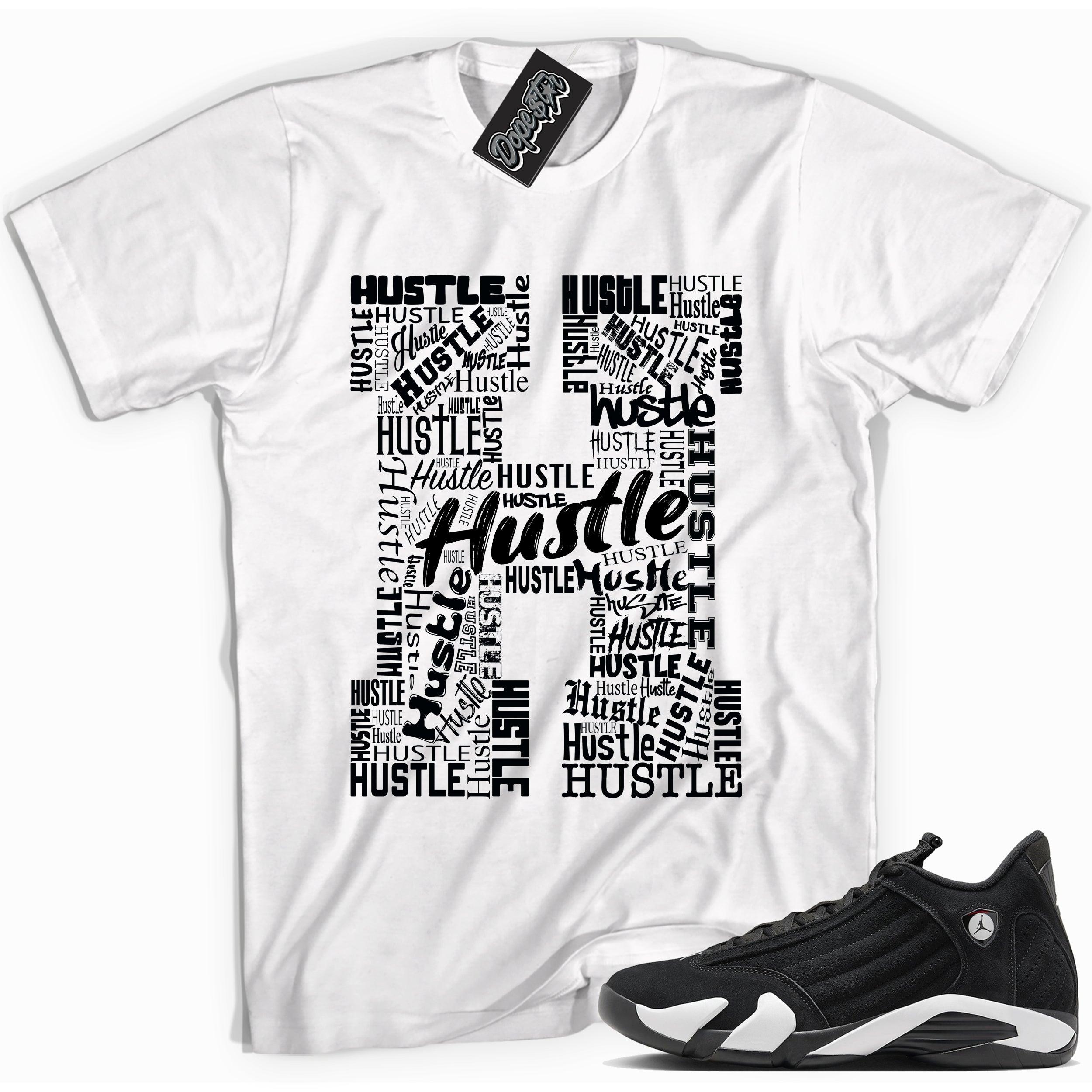 Cool White graphic tee with “ Hustle H ” print, that perfectly matches Air Jordan 14 Black & White sneakers