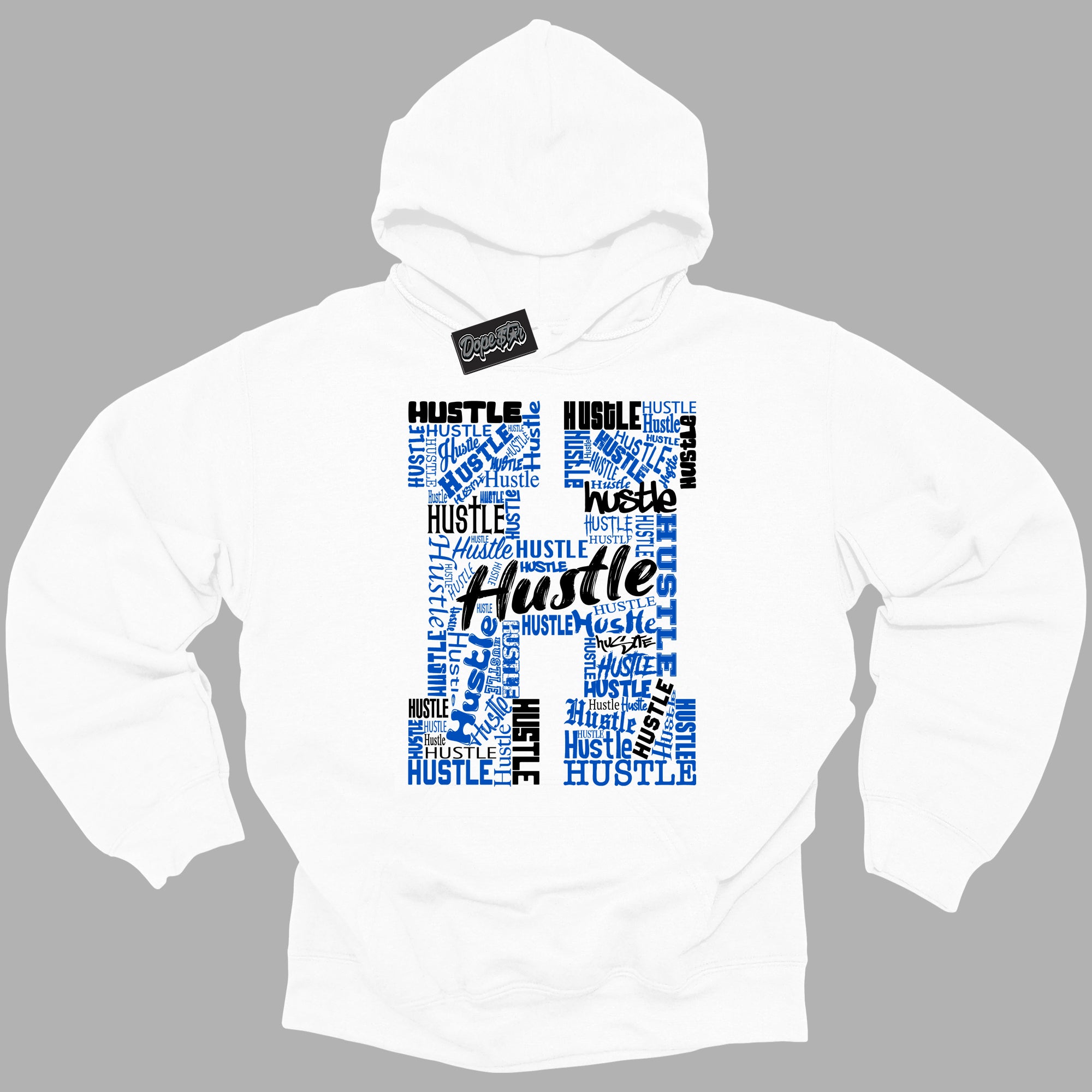 Cool White Hoodie with “ Hustle H ” design that Perfectly Matches Royal Reimagined 1s Sneakers.