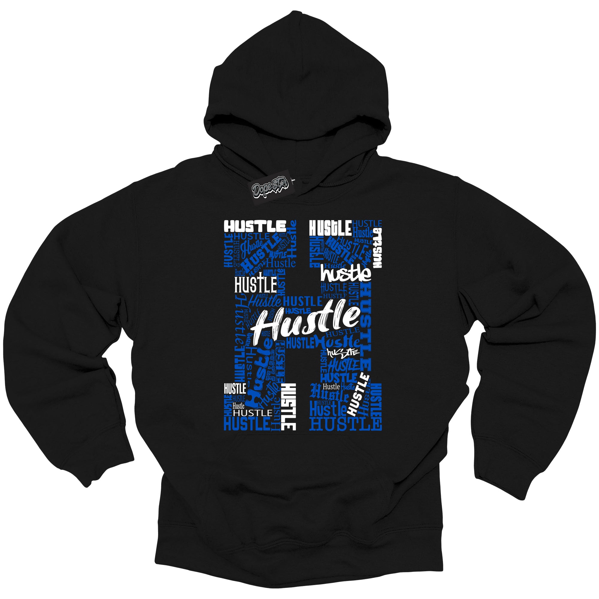 Cool Black Hoodie with “ Hustle H ” design that Perfectly Matches Royal Reimagined 1s Sneakers.
