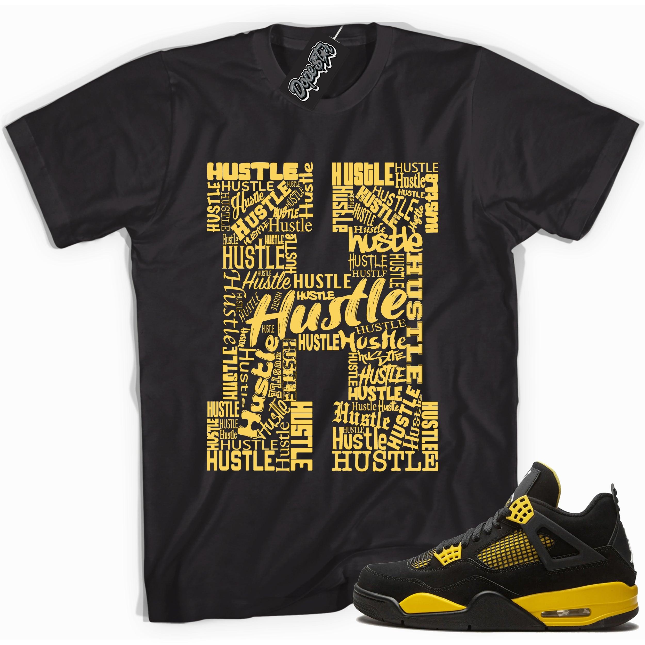 Cool black graphic tee with 'h for hustle' print, that perfectly matches Air Jordan 4 Thunder sneakers