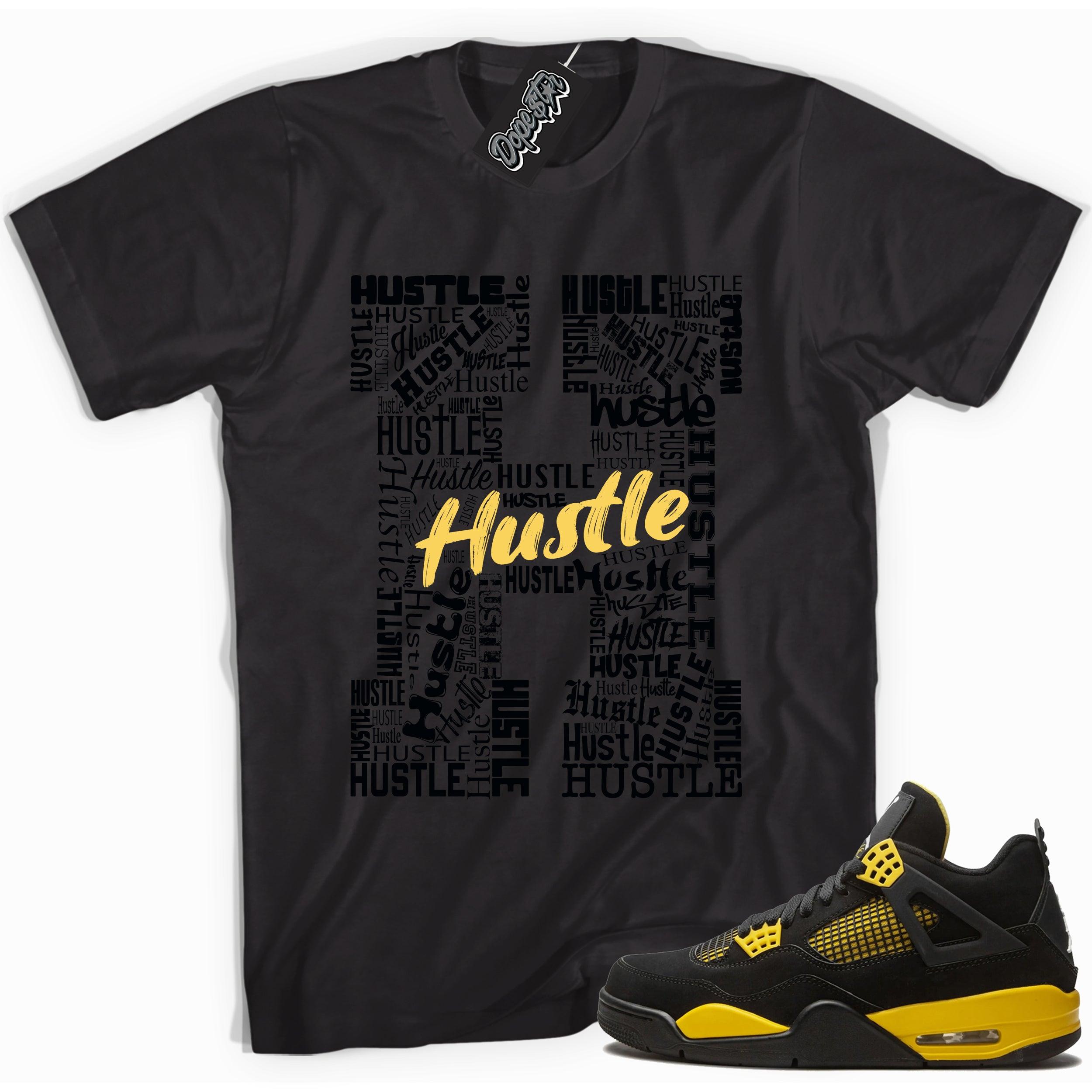 Cool black graphic tee with 'h for hustle' print, that perfectly matches Air Jordan 4 Thunder sneakers