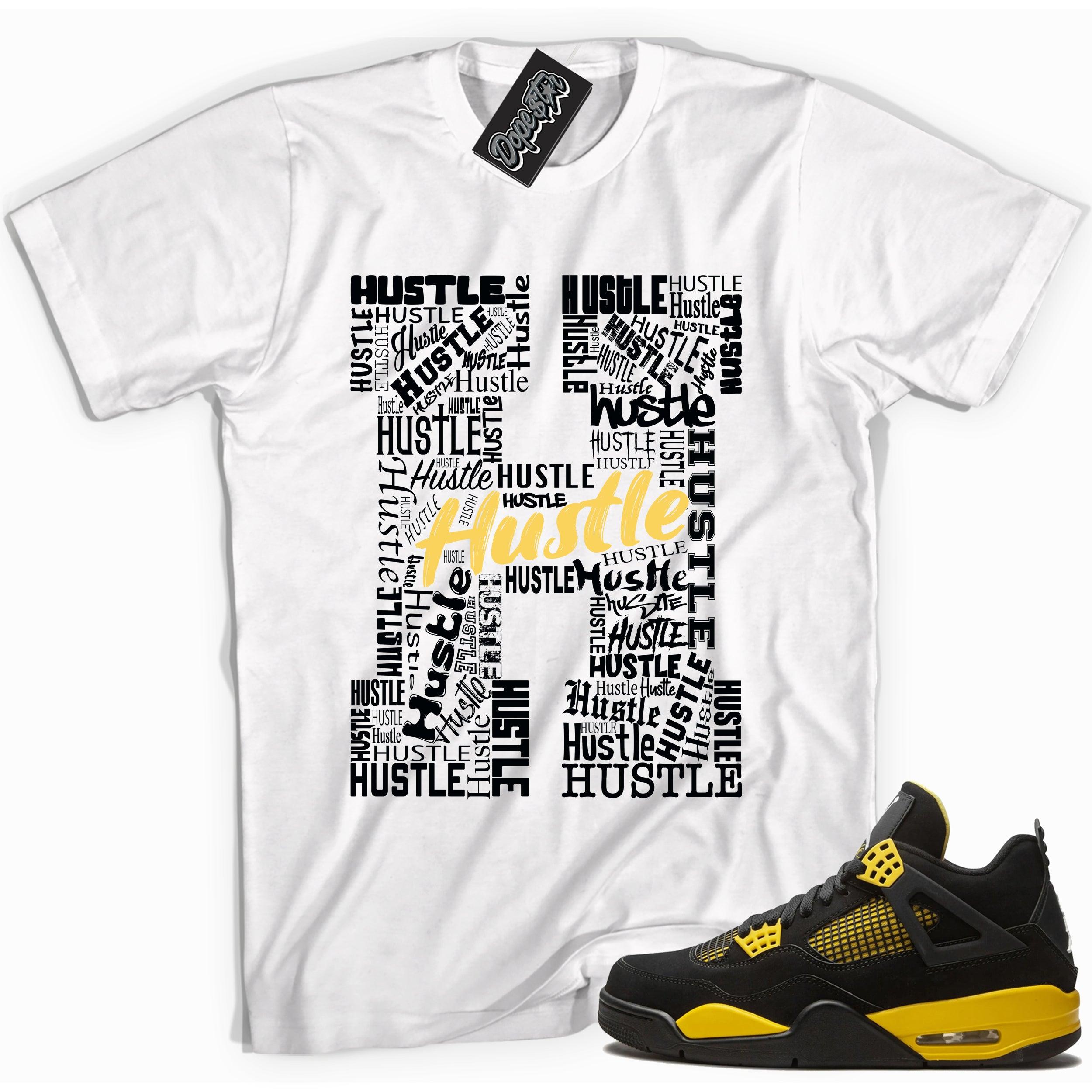 Cool white graphic tee with 'h for hustle' print, that perfectly matches Air Jordan 4 Thunder sneakers