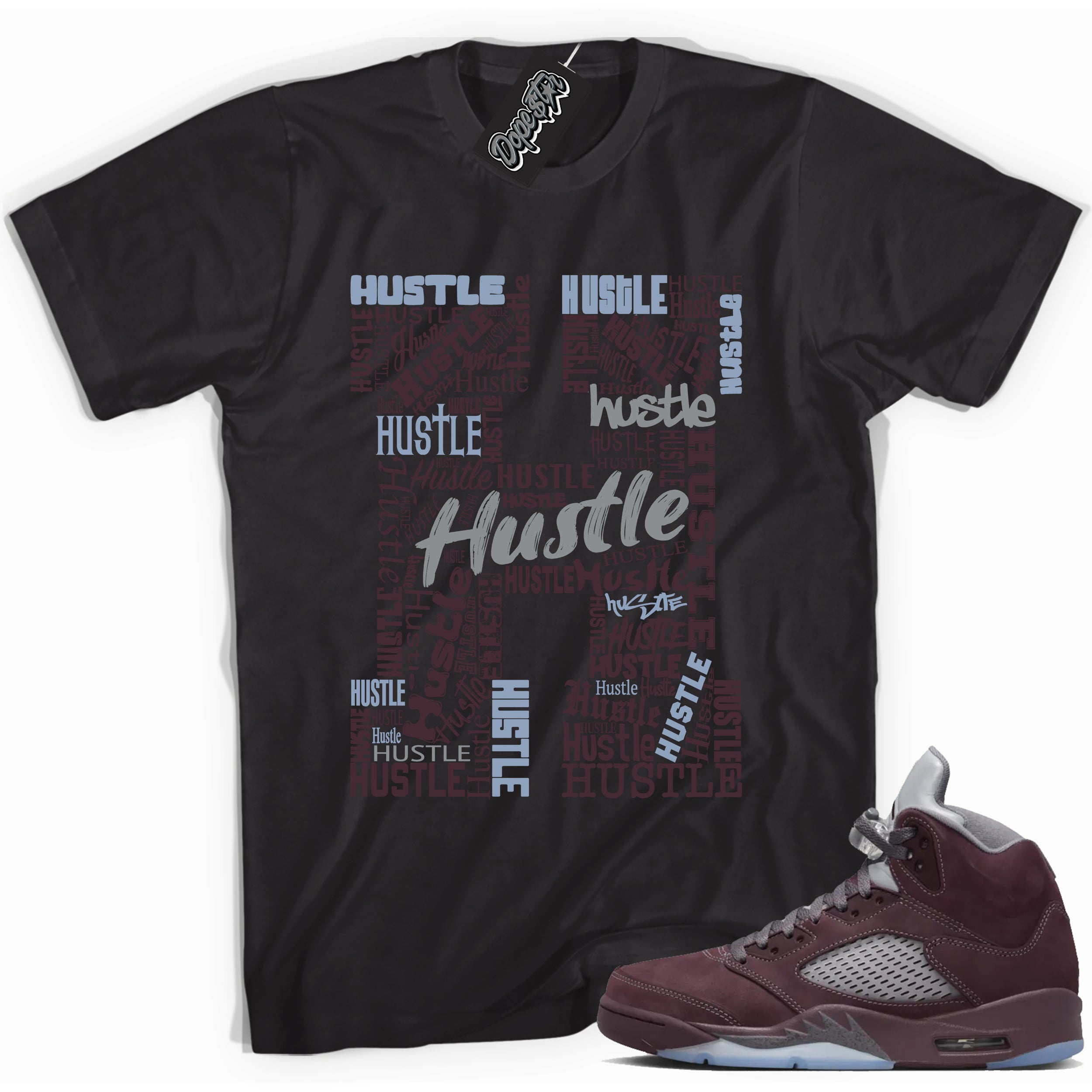Cool Black graphic tee with “ Hustle H ” print, that perfectly matches Air Jordan 5 Burgundy 2023 sneakers