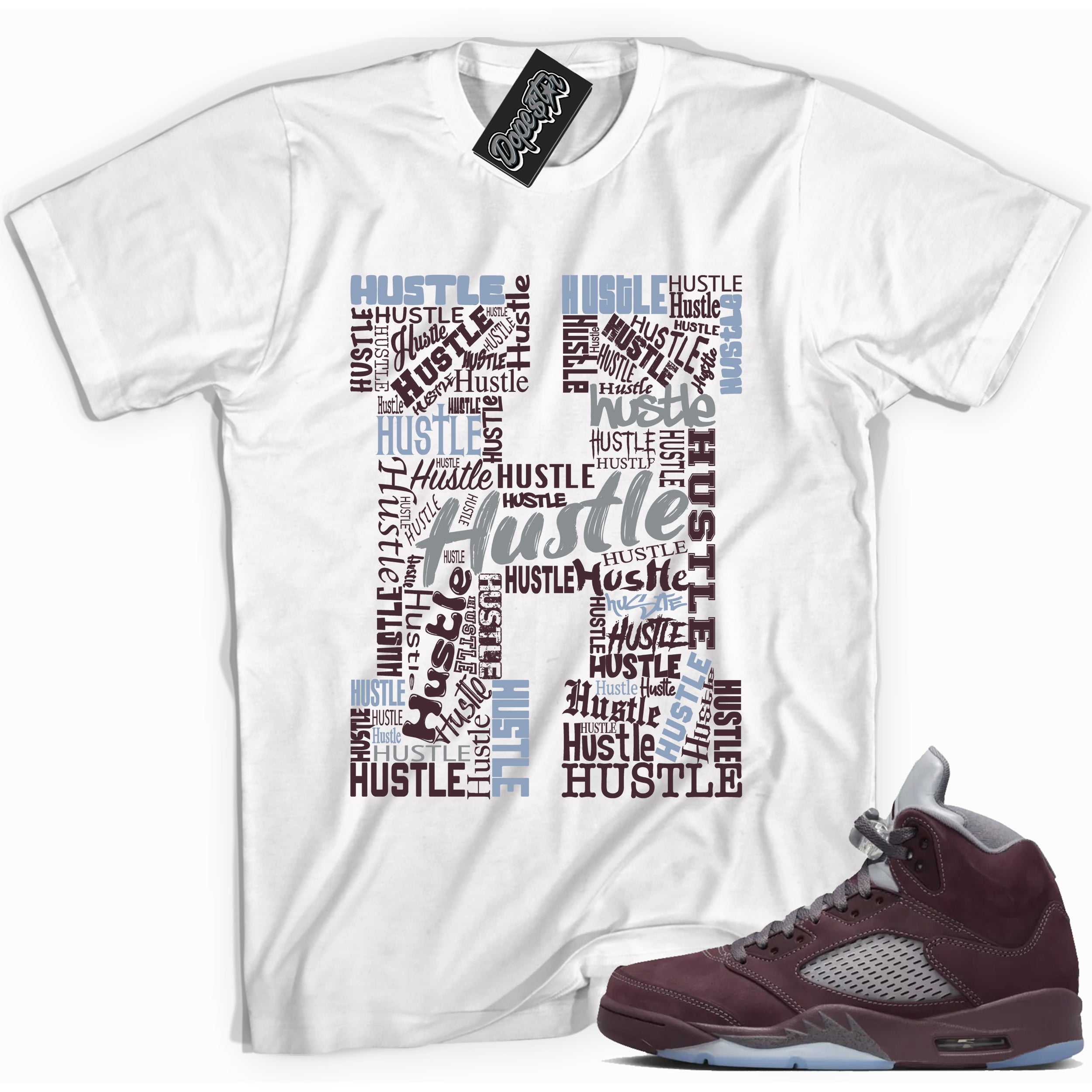 Cool White graphic tee with “ Hustle H ” print, that perfectly matches Air Jordan 5 Burgundy 2023 sneakers