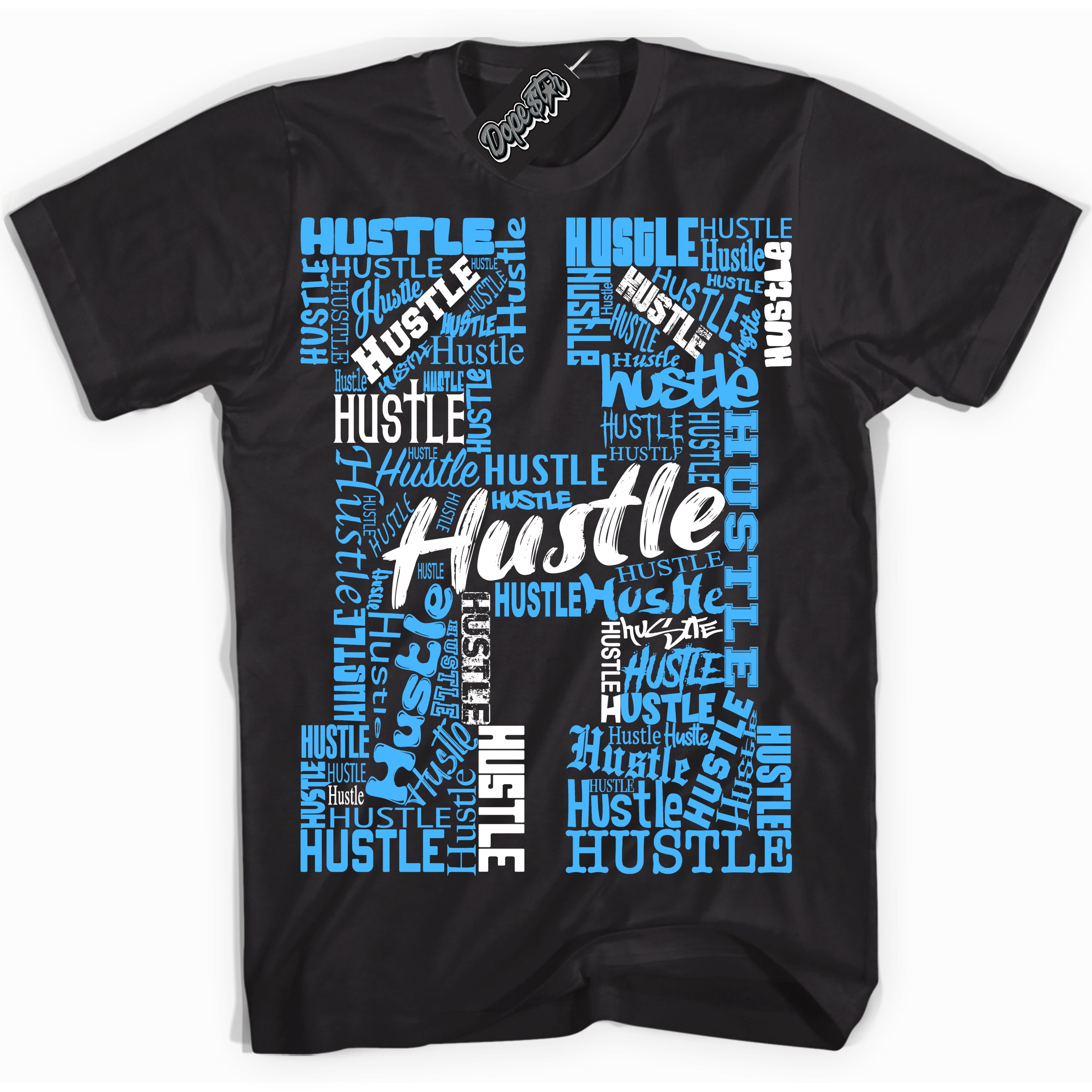 Cool Black graphic tee with “ Hustle ” design, that perfectly matches Powder Blue 9s sneakers