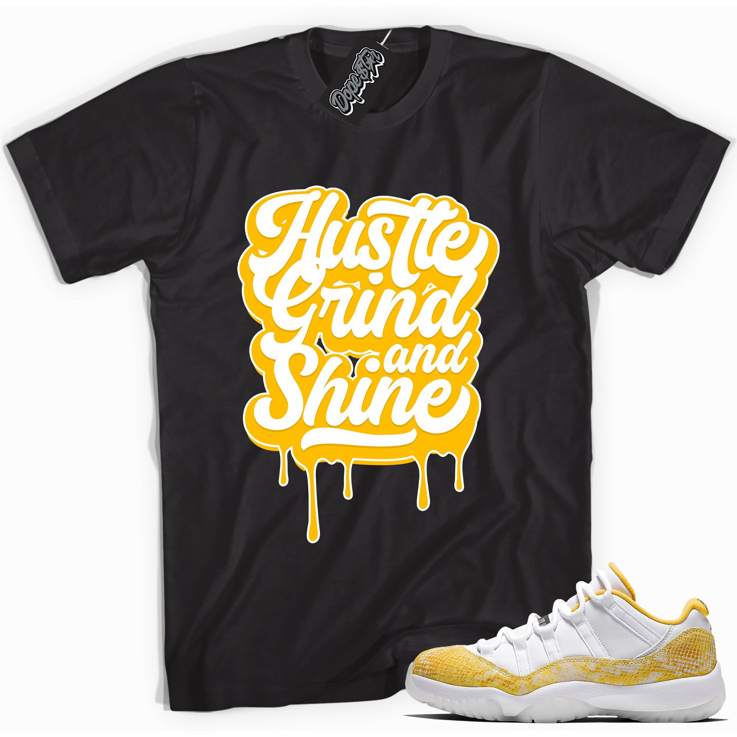 Cool black graphic tee with 'hustle grind and shine' print, that perfectly matches Air Jordan 11 Retro Low Yellow Snakeskin sneakers