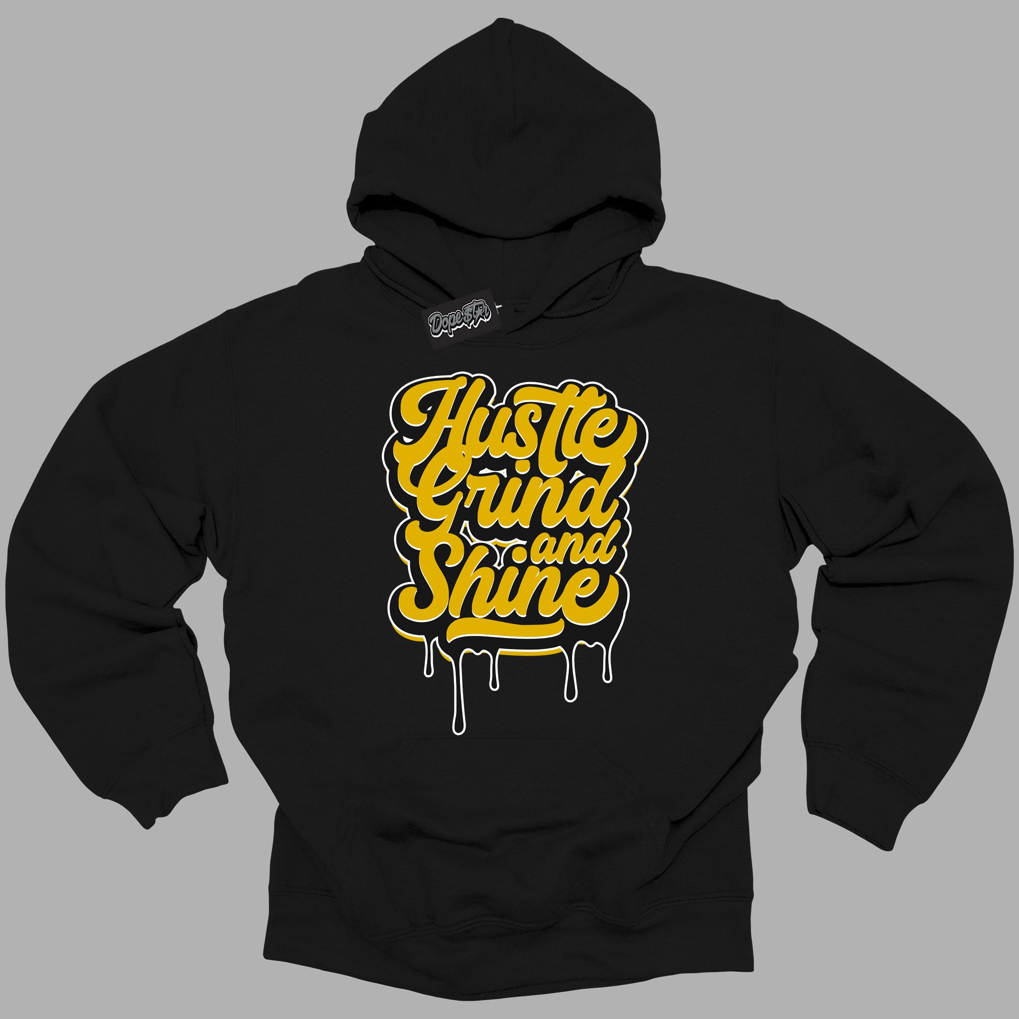 Cool Black Hoodie with “ Hustle Grind And Shine ” design that Perfectly Matches Yellow Ochre 6s Sneakers.