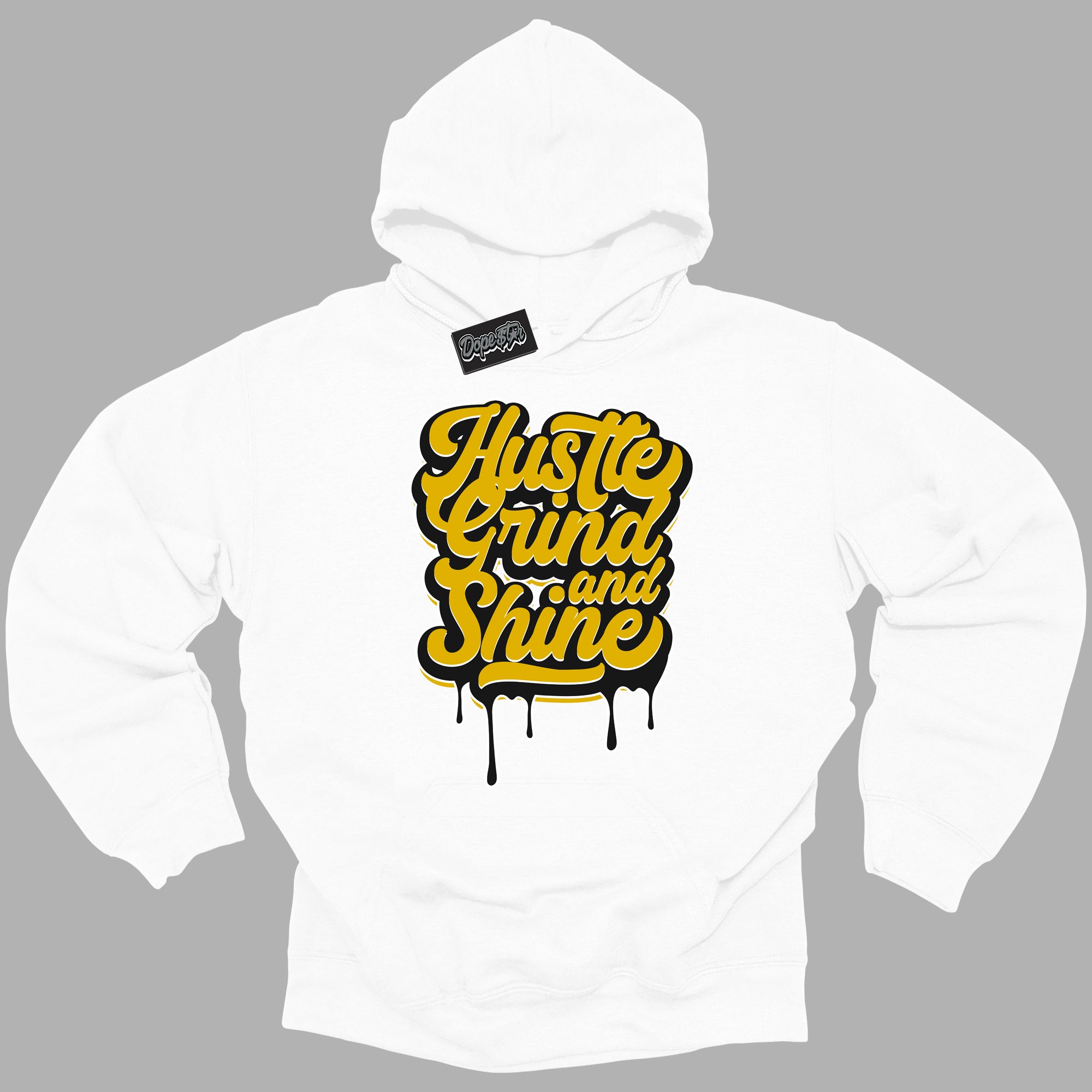 Cool White Hoodie with “ Hustle Grind And Shine ” design that Perfectly Matches Yellow Ochre 6s Sneakers.