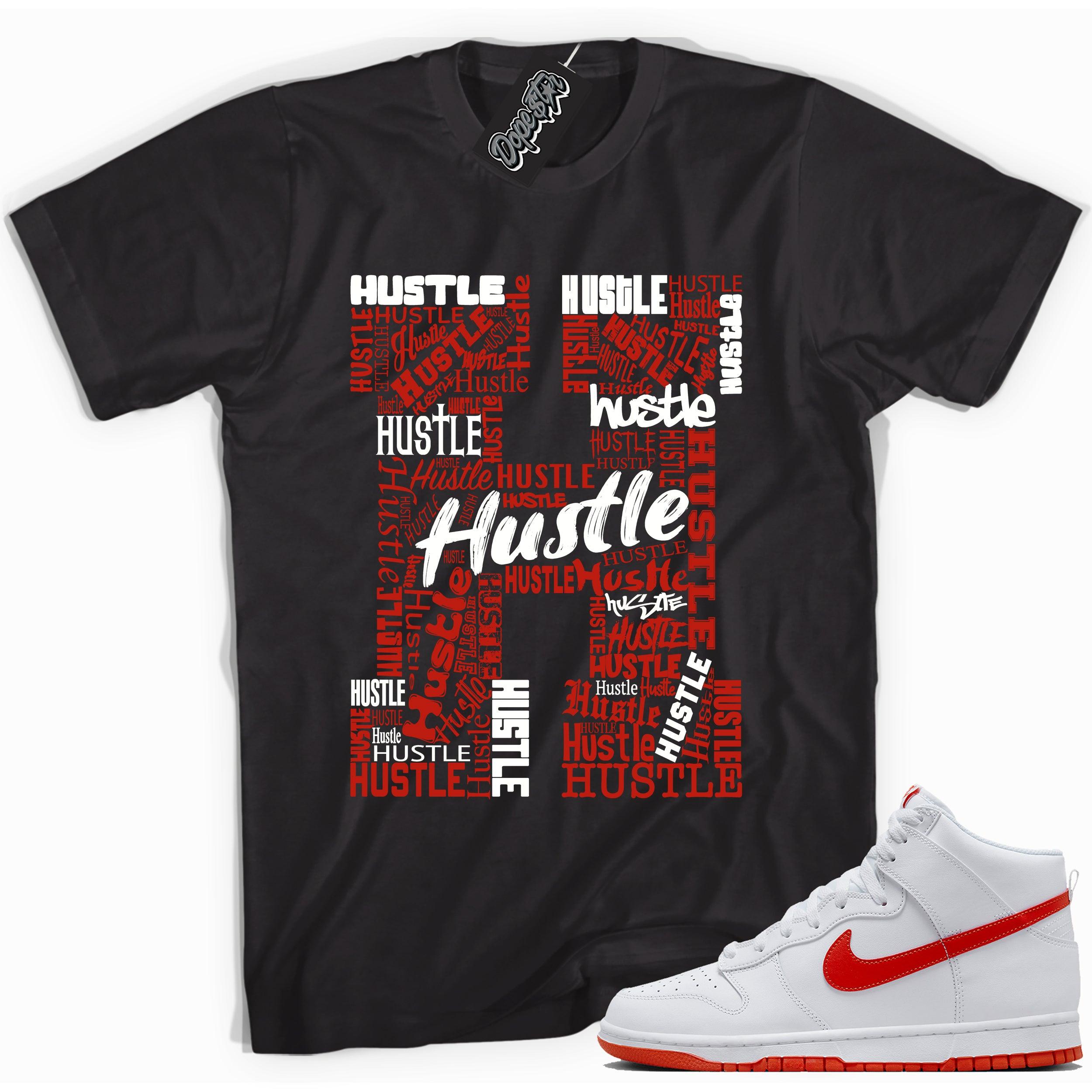 Cool black graphic tee with 'hustle' print, that perfectly matches Nike Dunk High White Picante Red sneakers.
