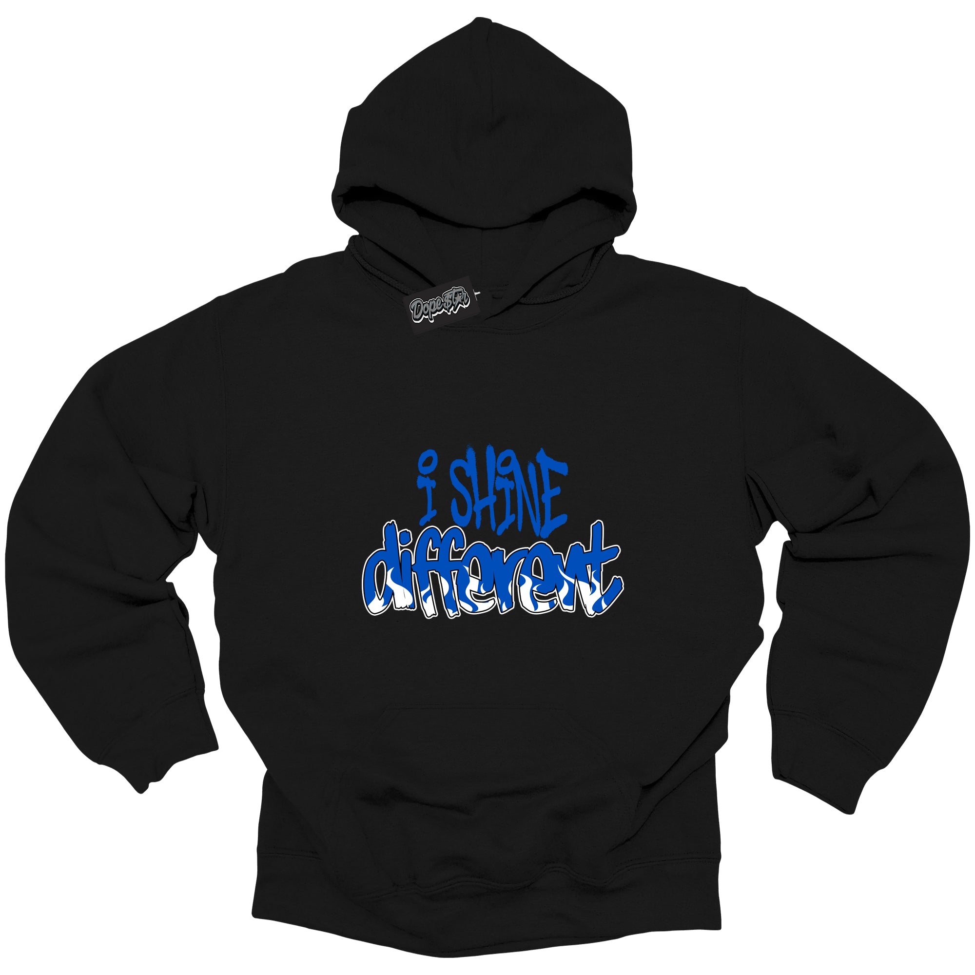 Cool Black Hoodie with “ I Shine Different ” design that Perfectly Matches Royal Reimagined 1s Sneakers.