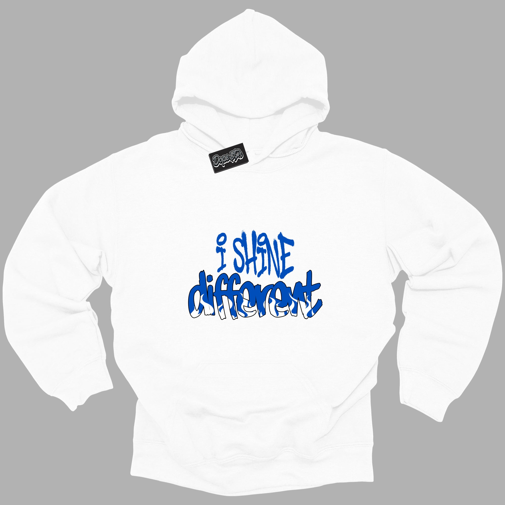 Cool White Hoodie with “ I Shine Different ” design that Perfectly Matches Royal Reimagined 1s Sneakers.
