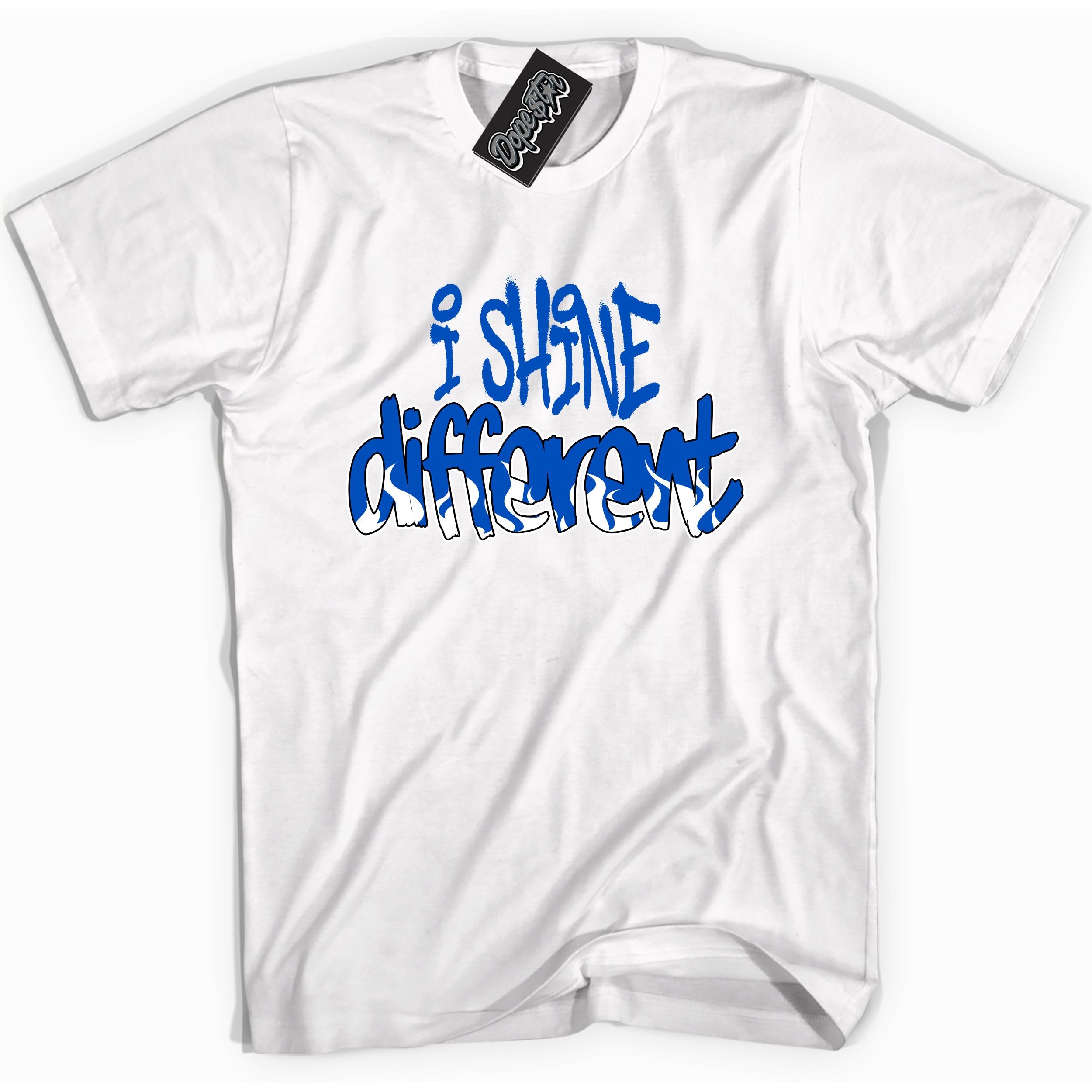Cool White graphic tee with I Shine Different print, that perfectly matches OG Royal Reimagined 1s sneakers