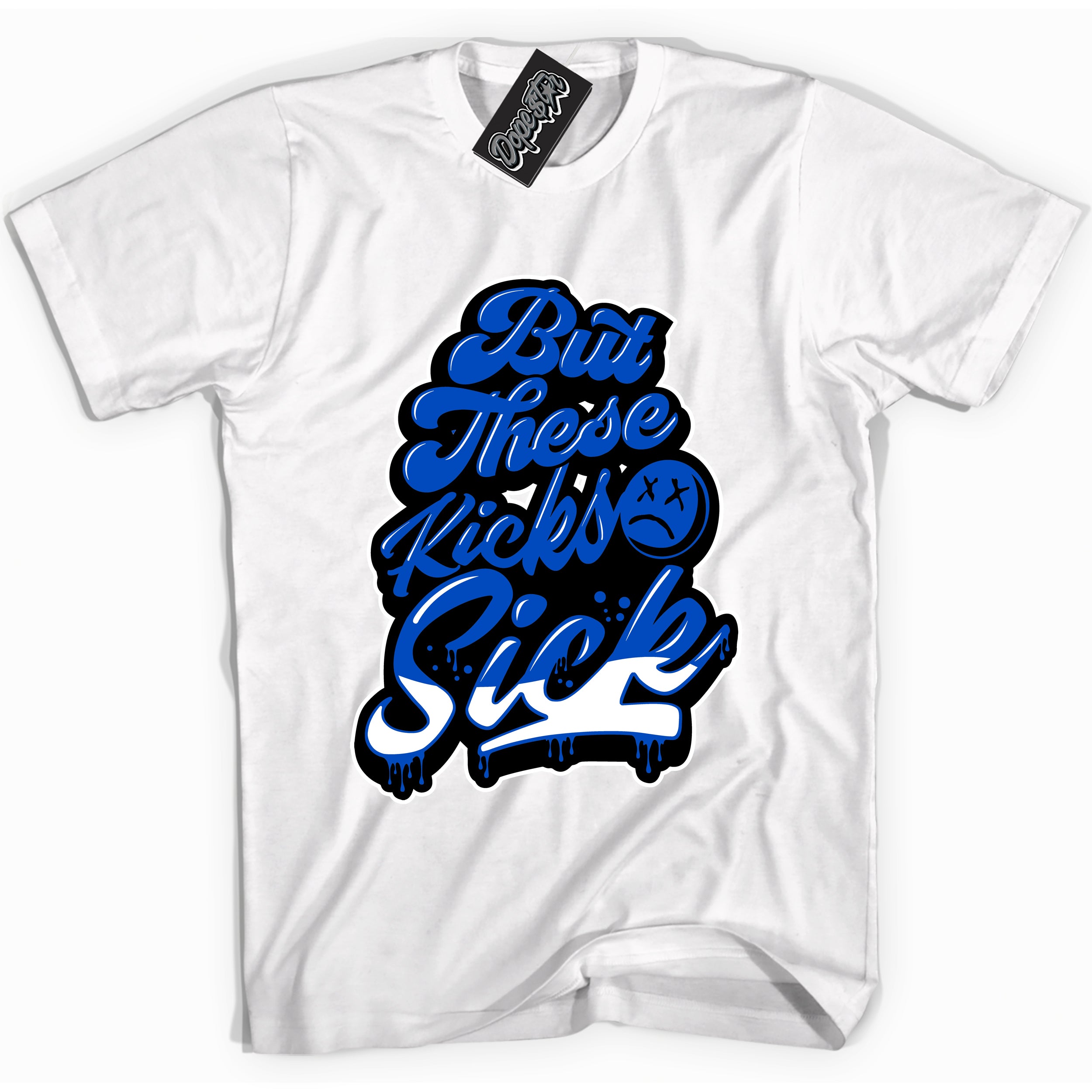 Cool White graphic tee with Kick Sick print, that perfectly matches OG Royal Reimagined 1s sneakers