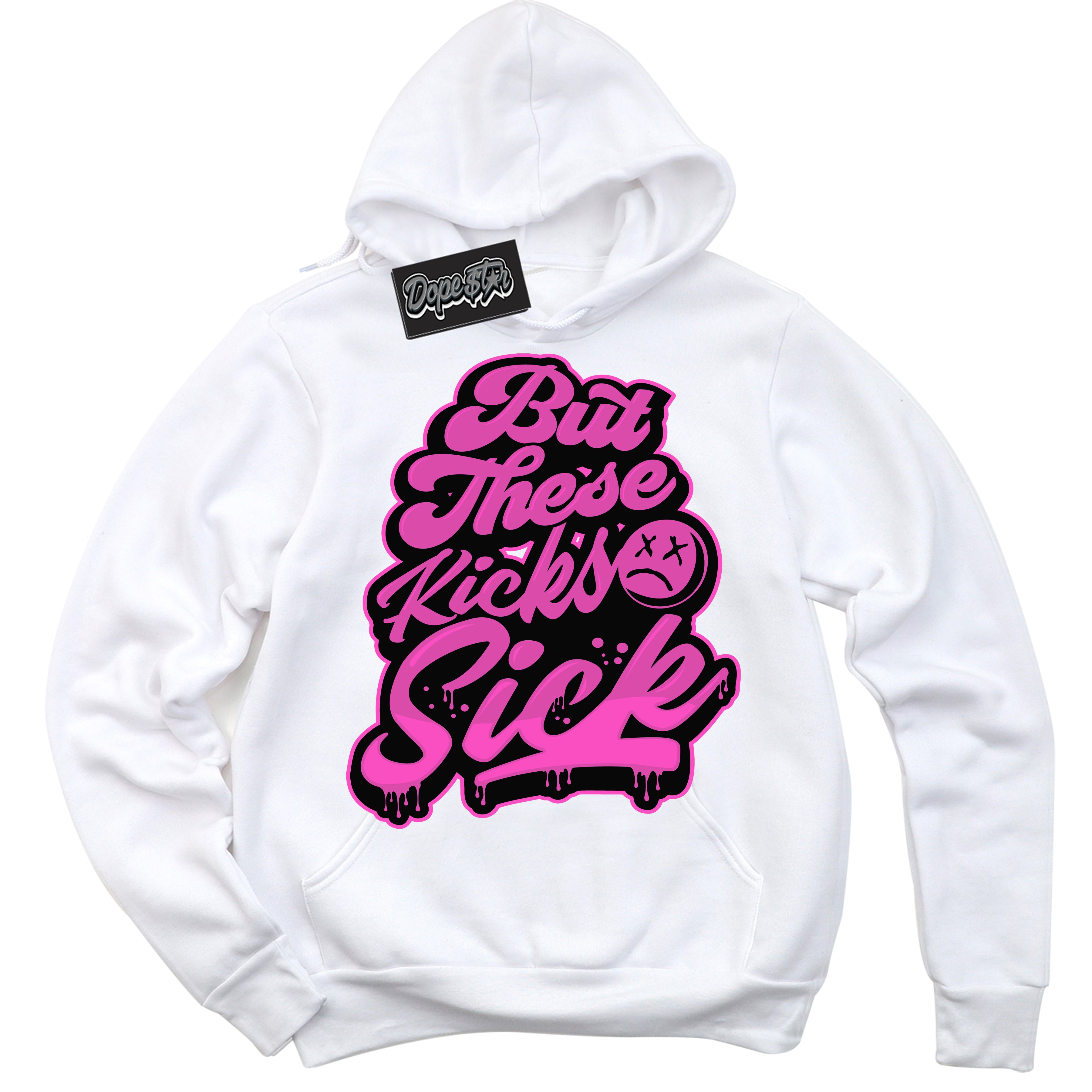 White Hoodie with playful pink and black "Kick Sick" graphic, made to match Air Max 1 Valentine's Day sneakers | Sneaker Shirts Outlet