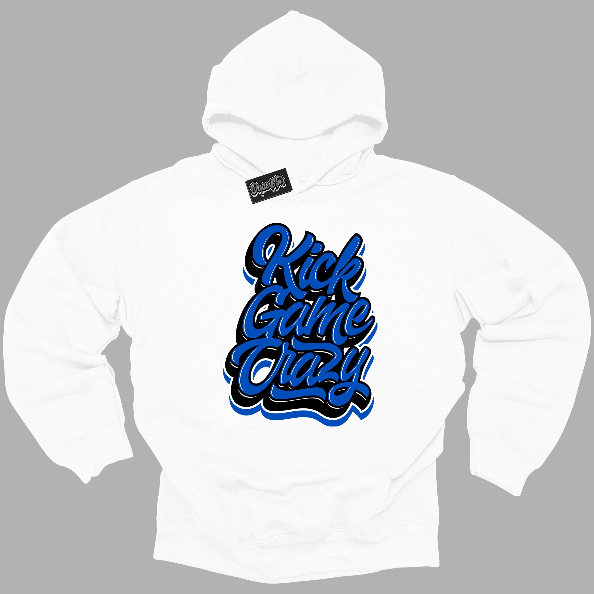 Cool White Hoodie with “ Kick Game Crazy ” design that Perfectly Matches Royal Reimagined 1s Sneakers.