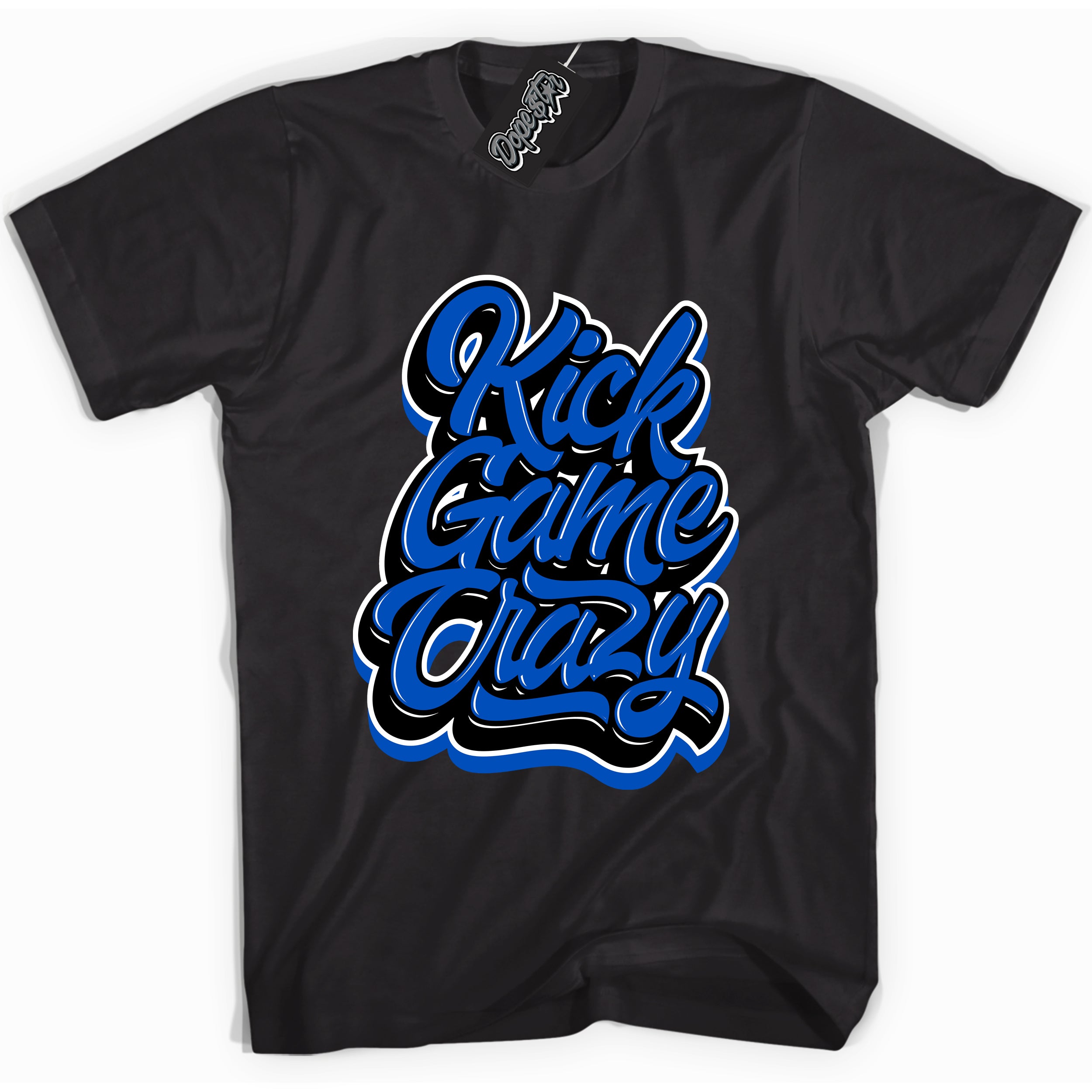 Cool Black graphic tee with "Kick Game Crazy" design, that perfectly matches Royal Reimagined 1s sneakers