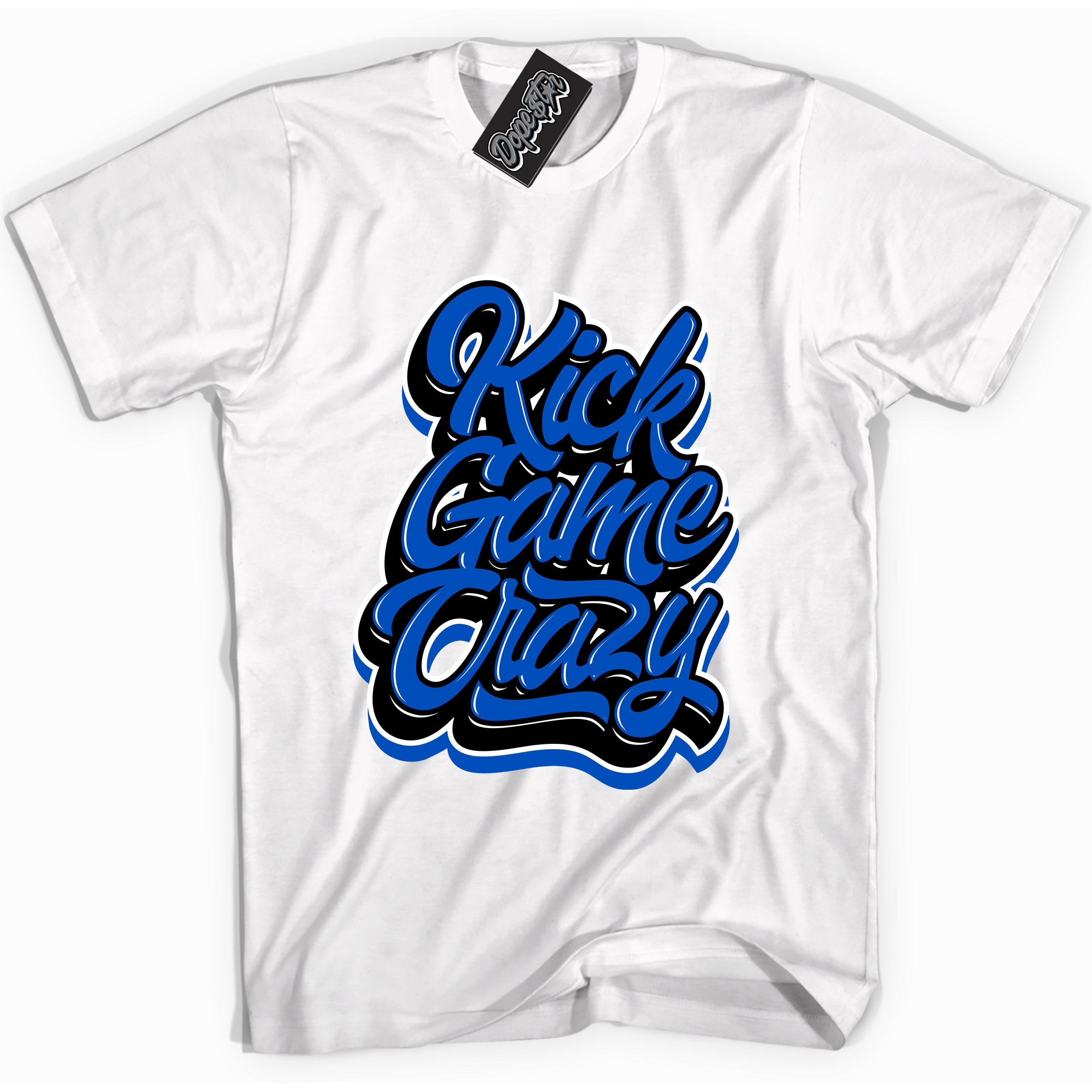 Cool White graphic tee with "Kick Game Crazy" design, that perfectly matches Royal Reimagined 1s sneakers