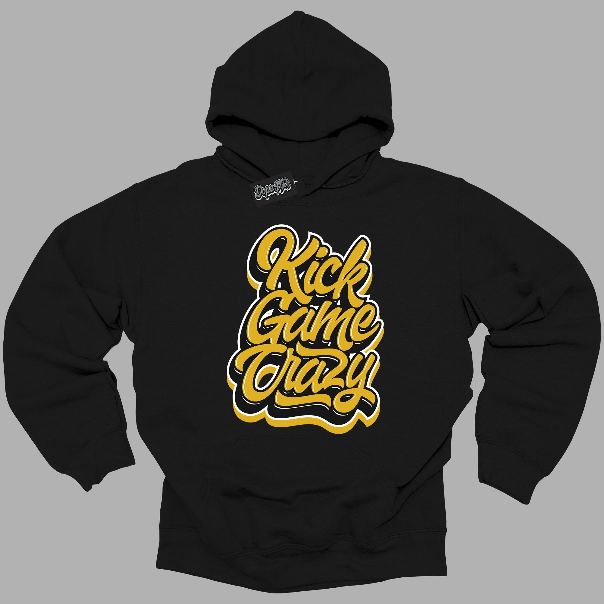 Cool Black Hoodie with “ Kick Game Crazy ” design that Perfectly Matches Yellow Ochre 6s Sneakers.