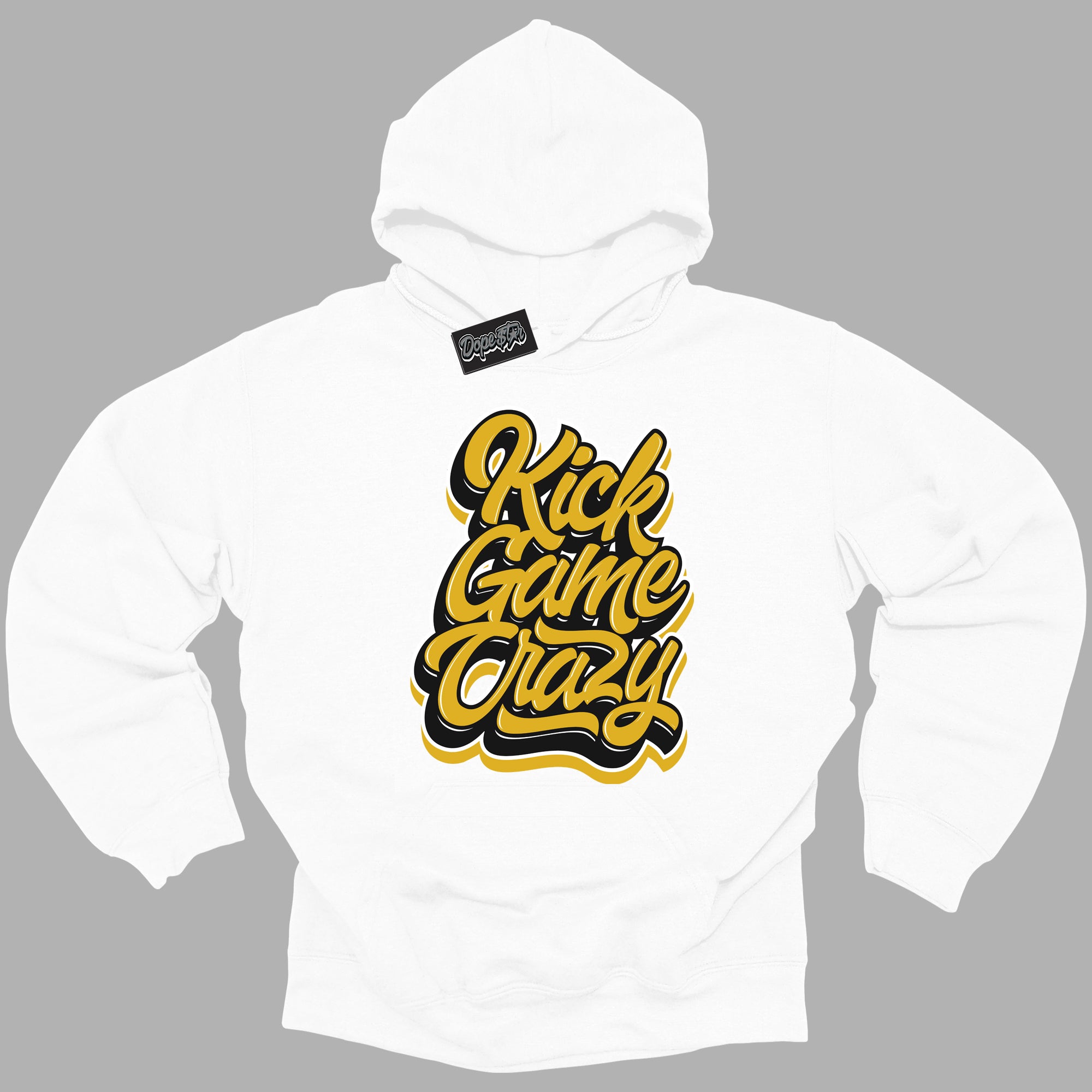 Cool White Hoodie with “ Kick Game Crazy ” design that Perfectly Matches Yellow Ochre 6s Sneakers.