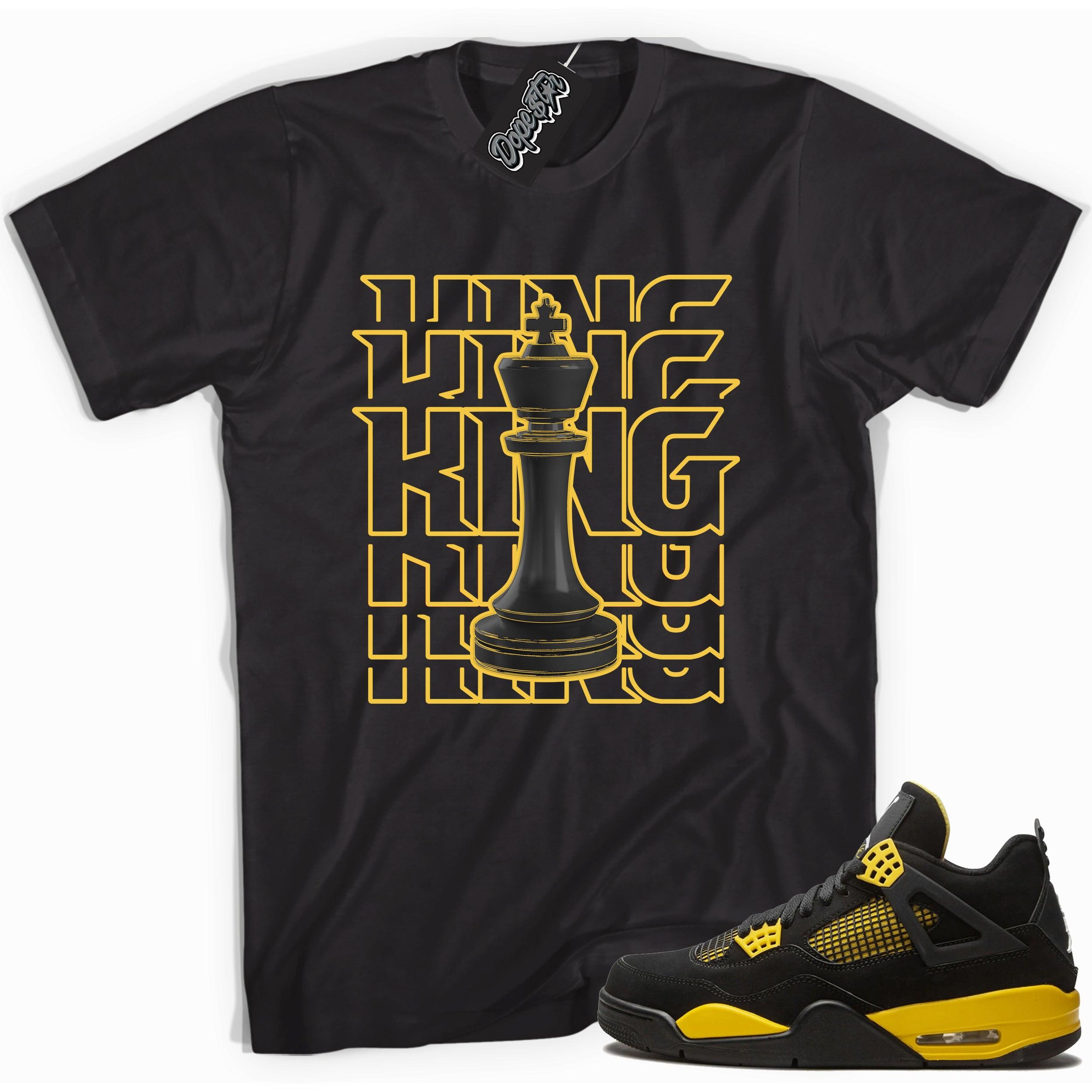 Cool black graphic tee with 'King chess piece' print, that perfectly matches Air Jordan 4 Thunder sneakers