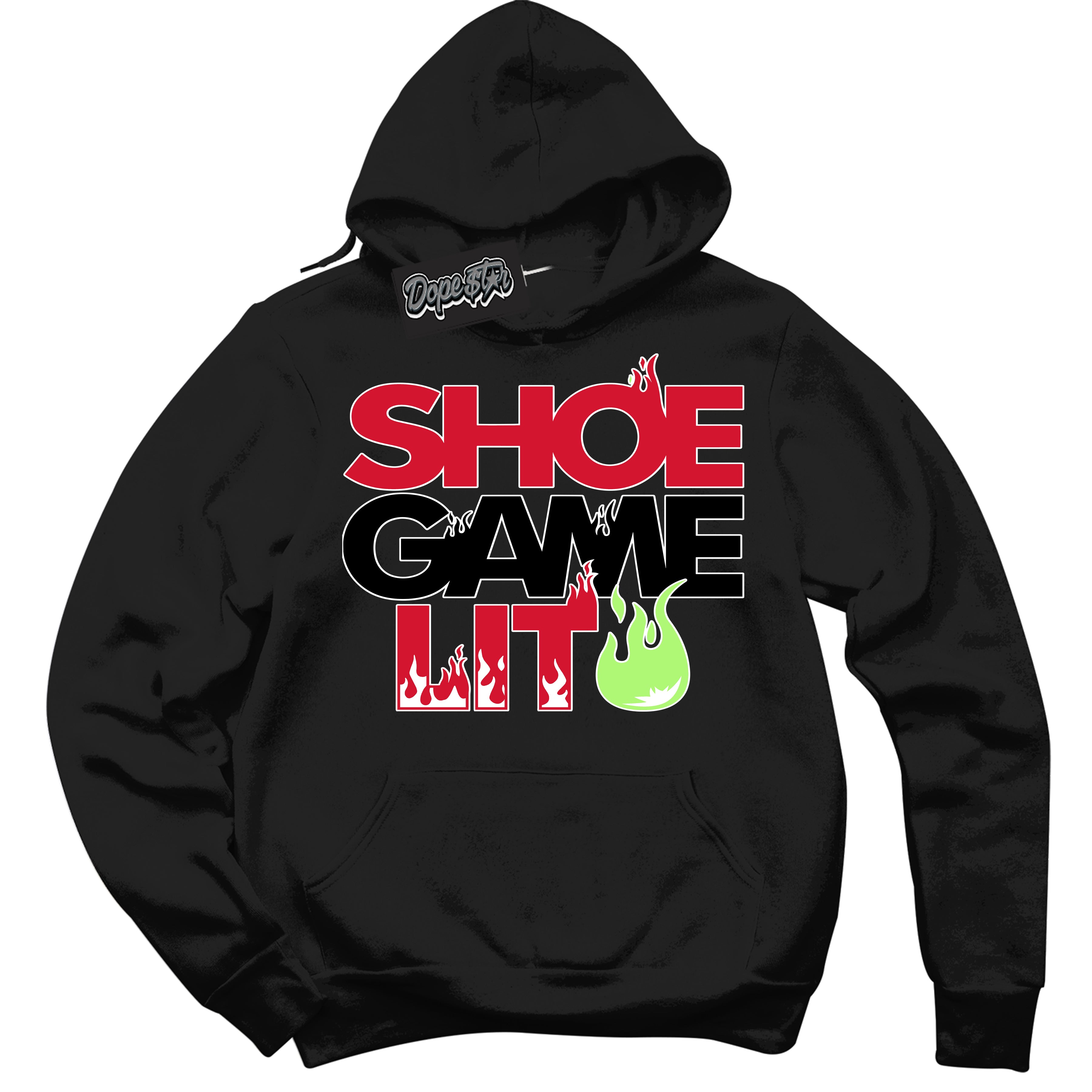 Cool Black Hoodie with “ Shoe Game Lit '' design that Perfectly Matches Reverse Grinch 6s Sneakers.