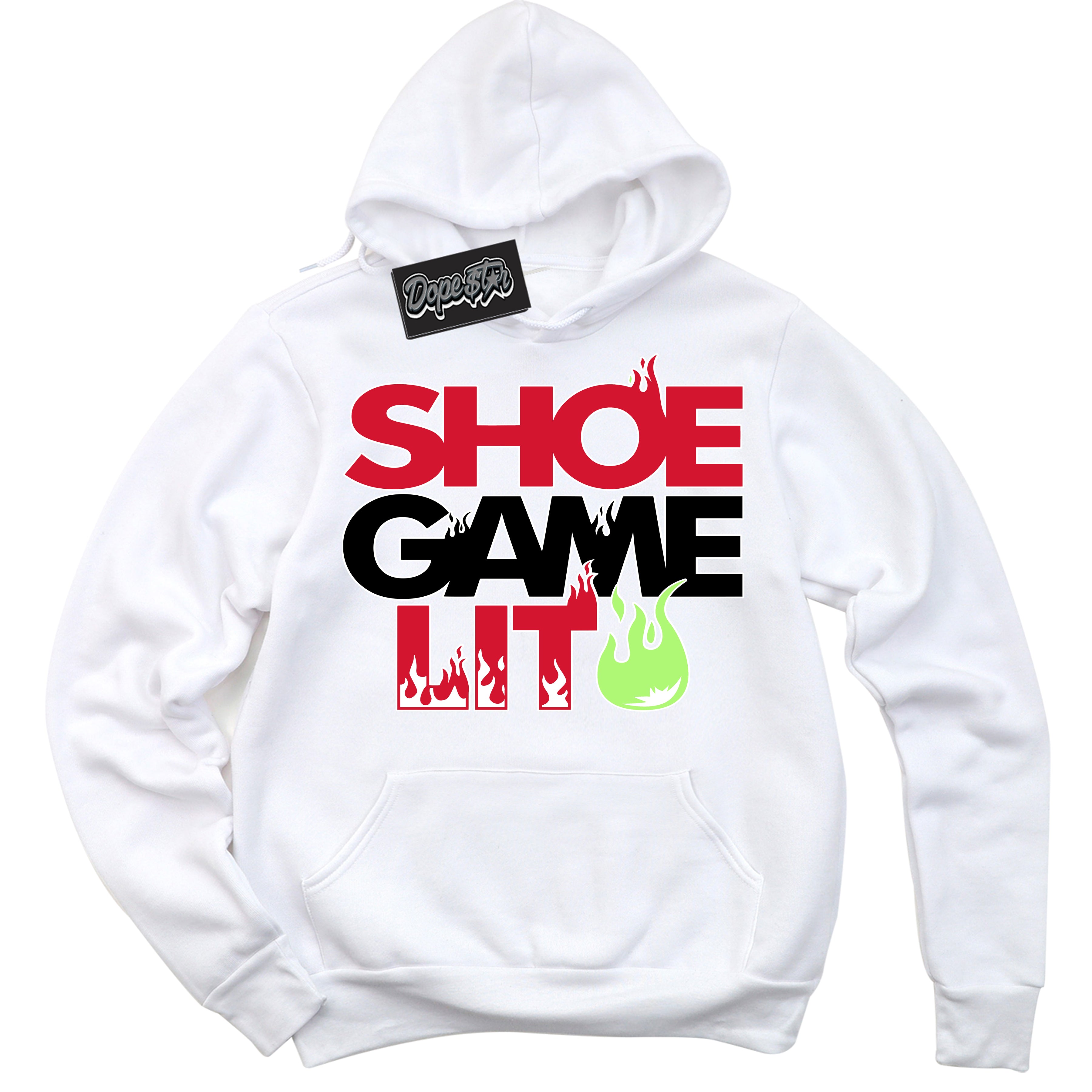 Cool White Hoodie with “ Shoe Game Lit '' design that Perfectly Matches Reverse Grinch 6s Sneakers.