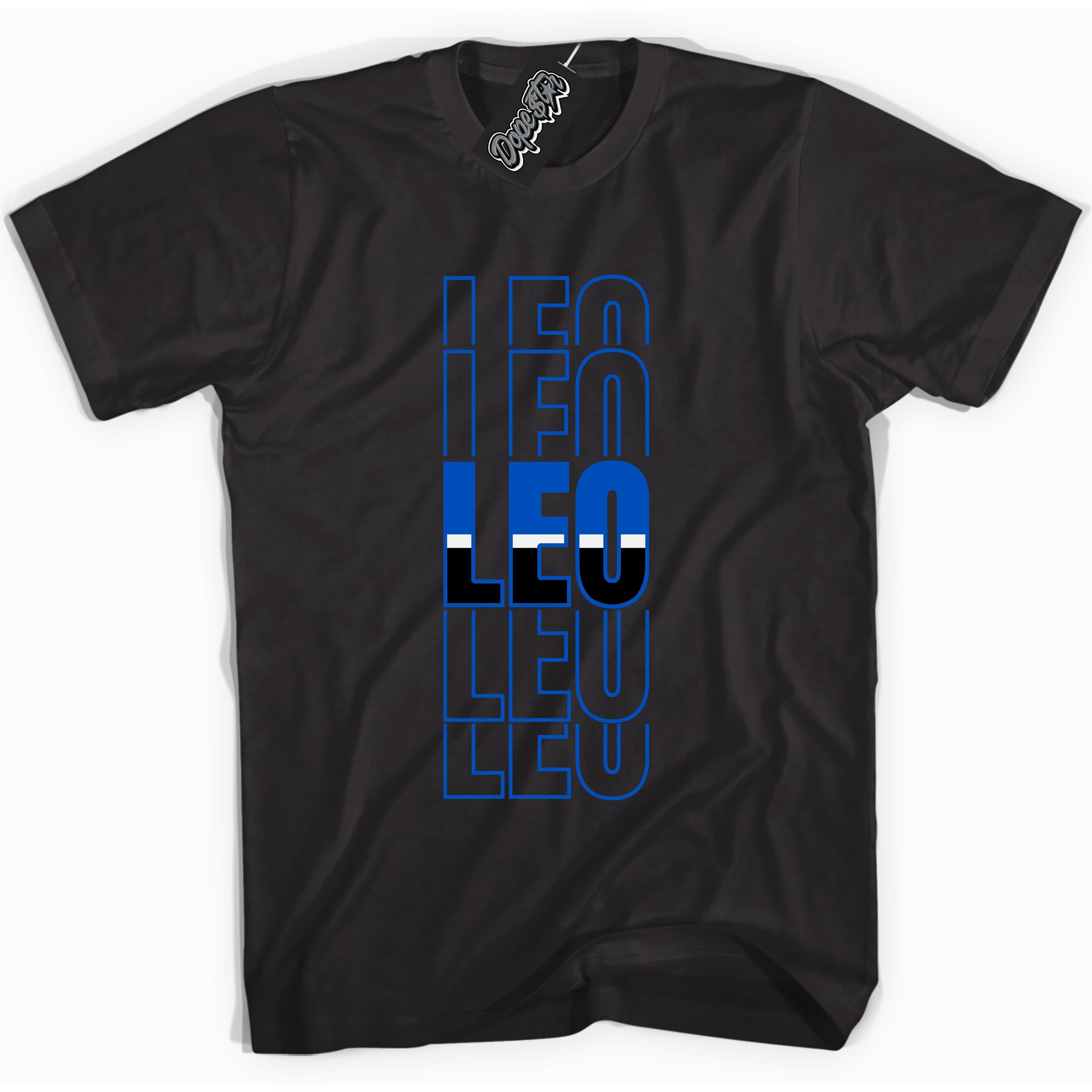 Cool Black graphic tee with "Leo" design, that perfectly matches Royal Reimagined 1s sneakers