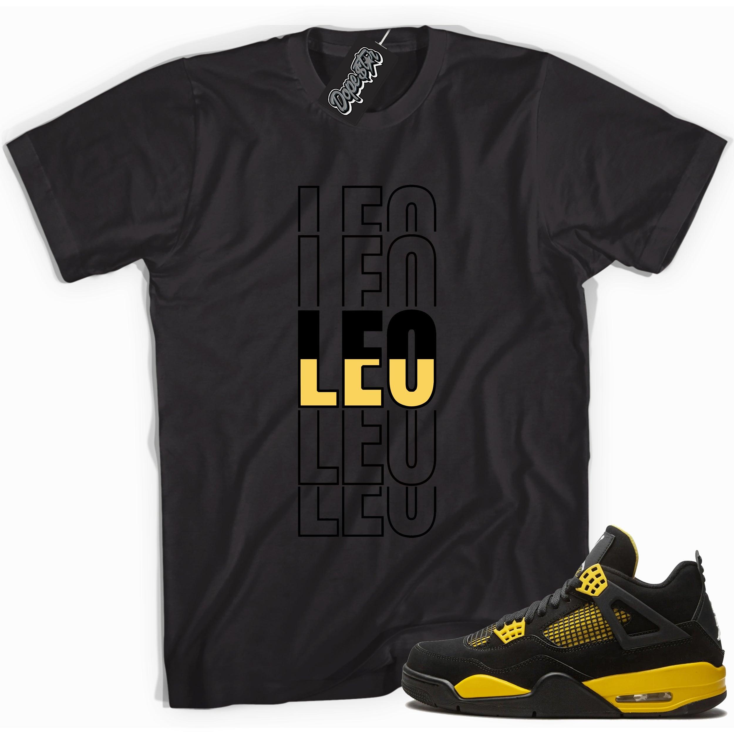 Cool black graphic tee with 'leo' print, that perfectly matches Air Jordan 4 Thunder sneakers
