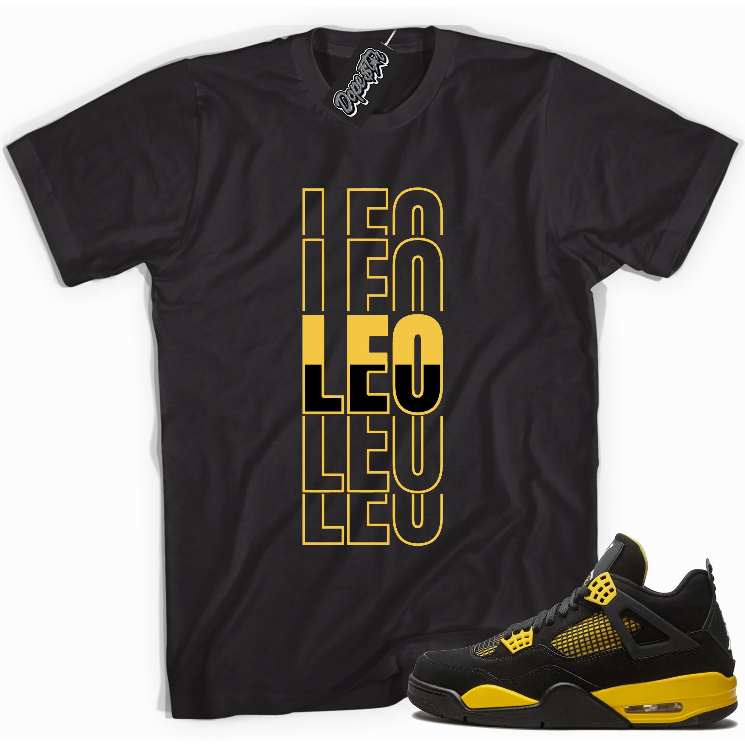 Cool black graphic tee with 'leo' print, that perfectly matches Air Jordan 4 Thunder sneakers