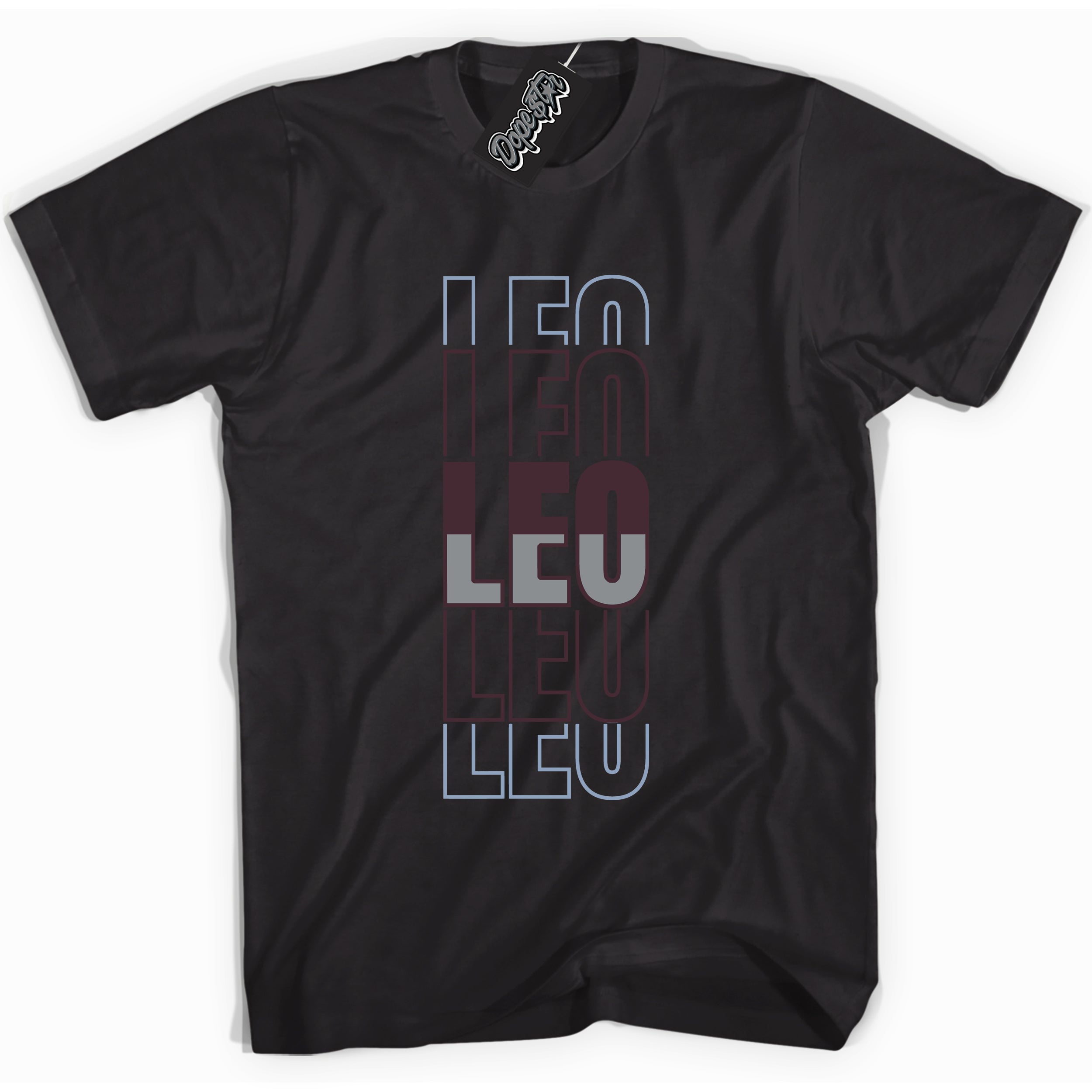Cool Black Shirt with “ Leo” design that perfectly matches Burgundy 5s Sneakers.
