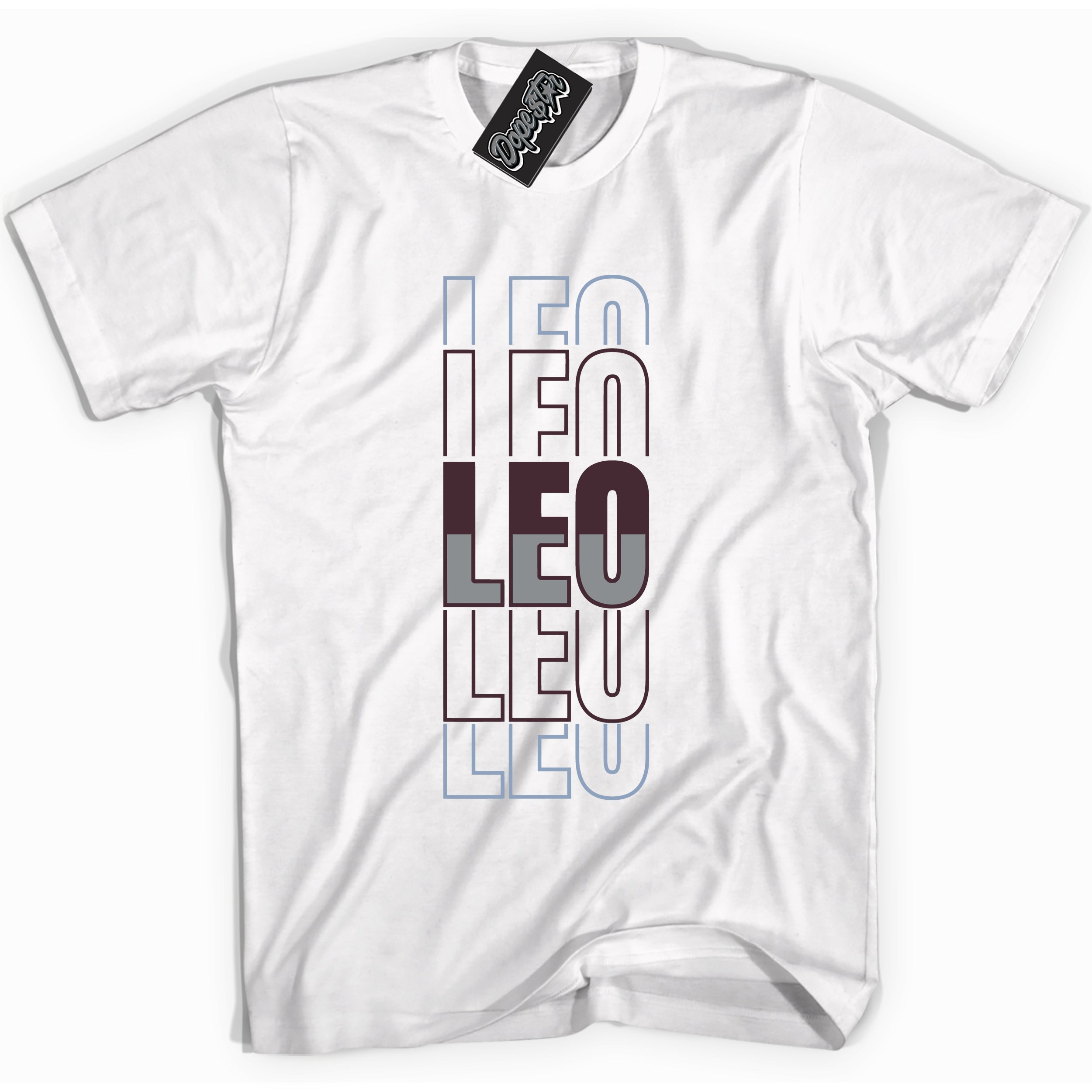 Cool White Shirt with “ Leo” design that perfectly matches Burgundy 5s Sneakers.