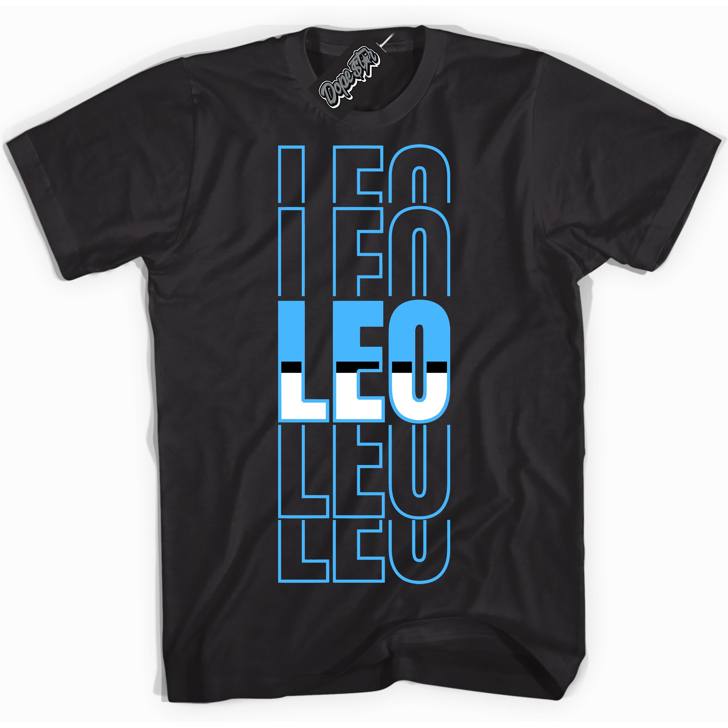 Cool Black graphic tee with “ Leo ” design, that perfectly matches Powder Blue 9s sneakers