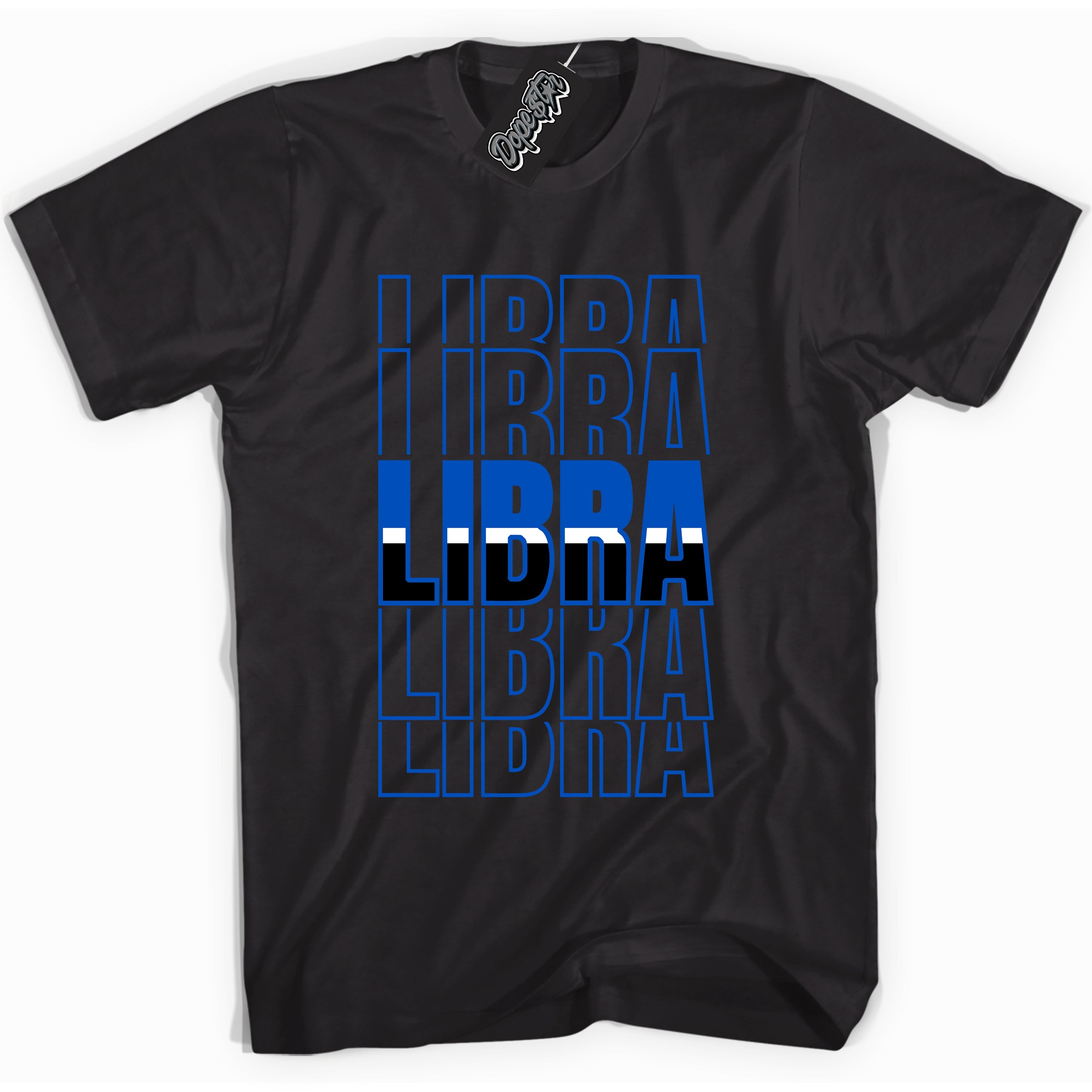 Cool Black graphic tee with "Libra" design, that perfectly matches Royal Reimagined 1s sneakers