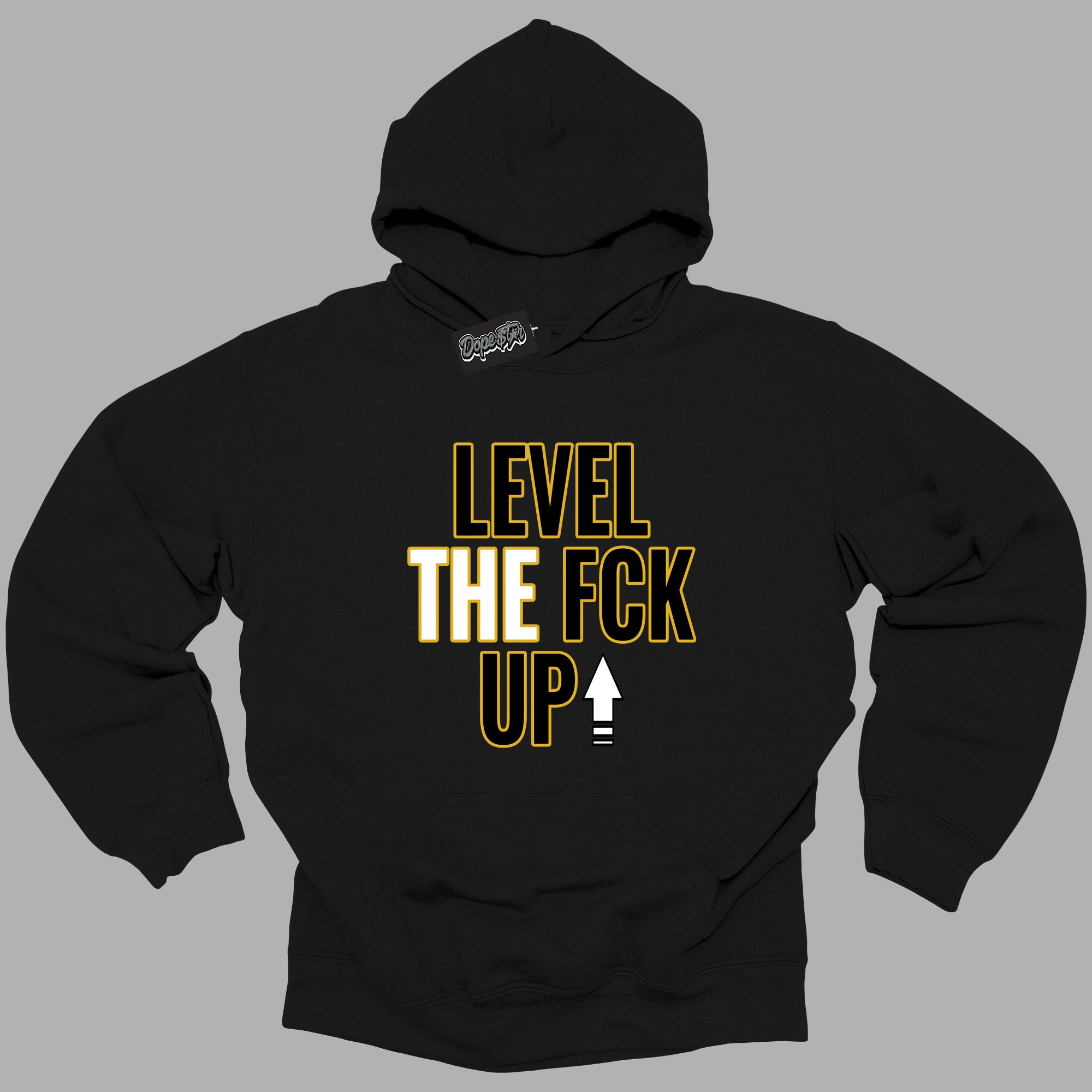 Cool Black Hoodie with “ Level The Fck Up ” design that Perfectly Matches Yellow Ochre 6s Sneakers.