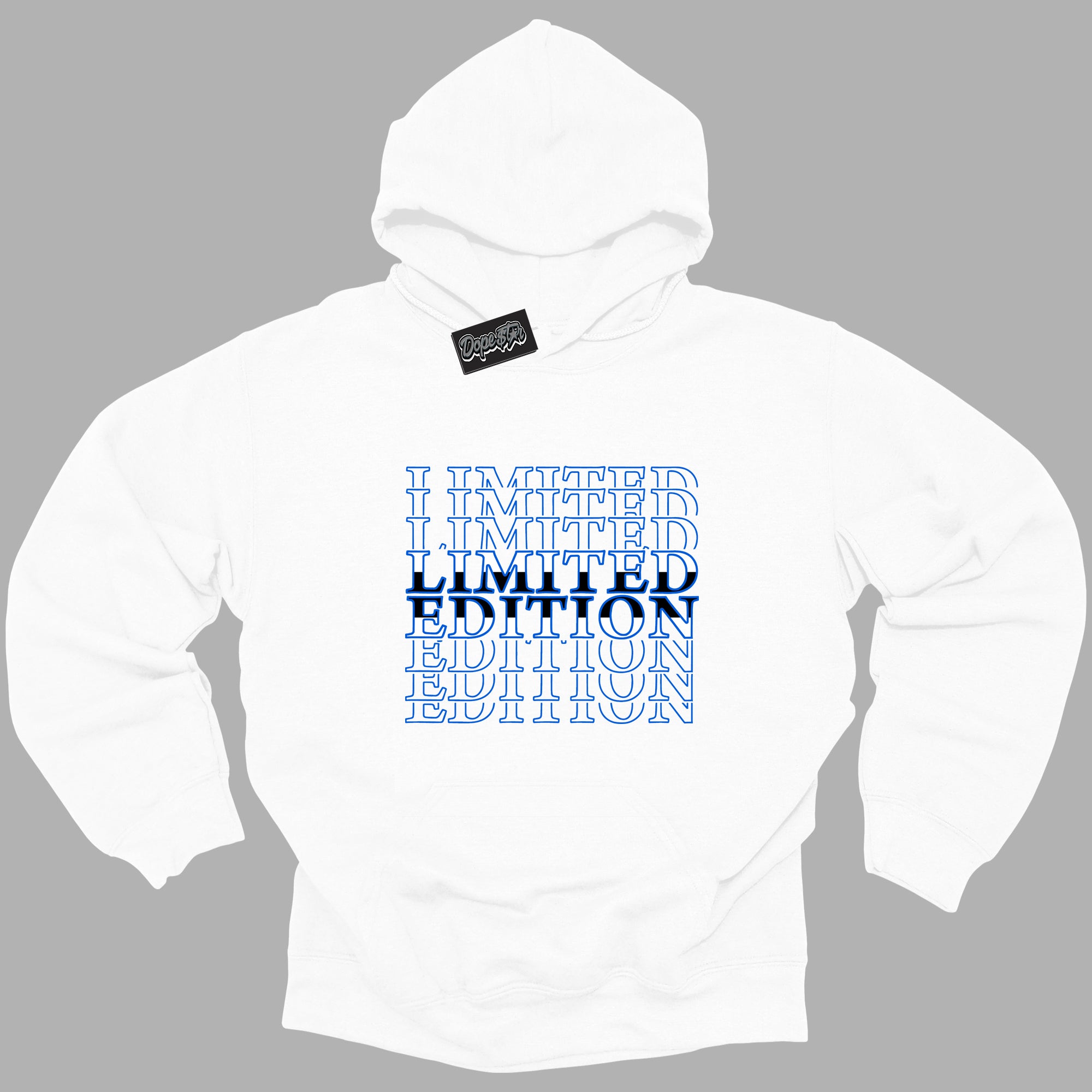 Cool White Hoodie with “ Limited Edition ” design that Perfectly Matches Royal Reimagined 1s Sneakers.