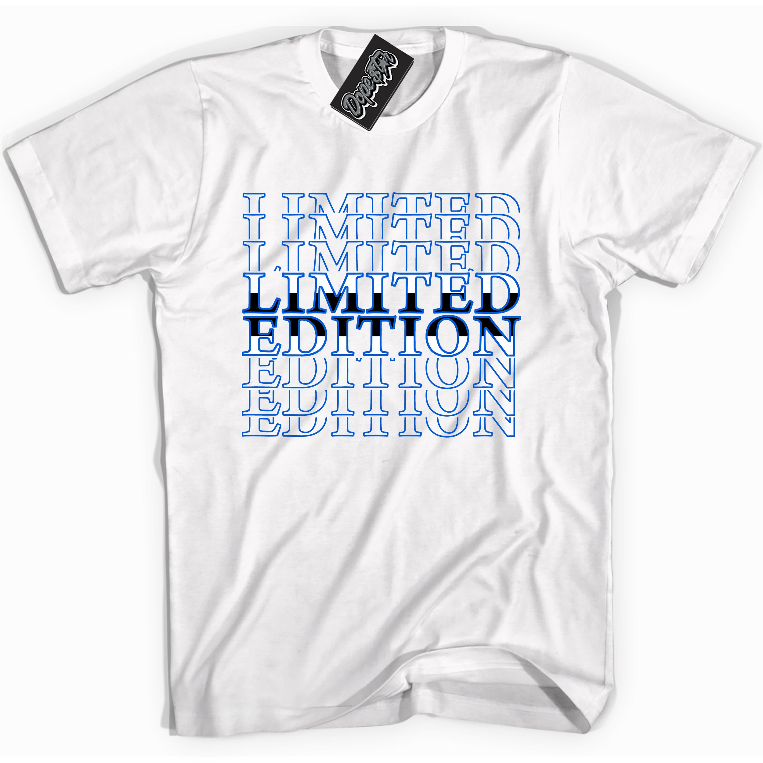 Cool White graphic tee with "Limited Edition" design, that perfectly matches Royal Reimagined 1s sneakers